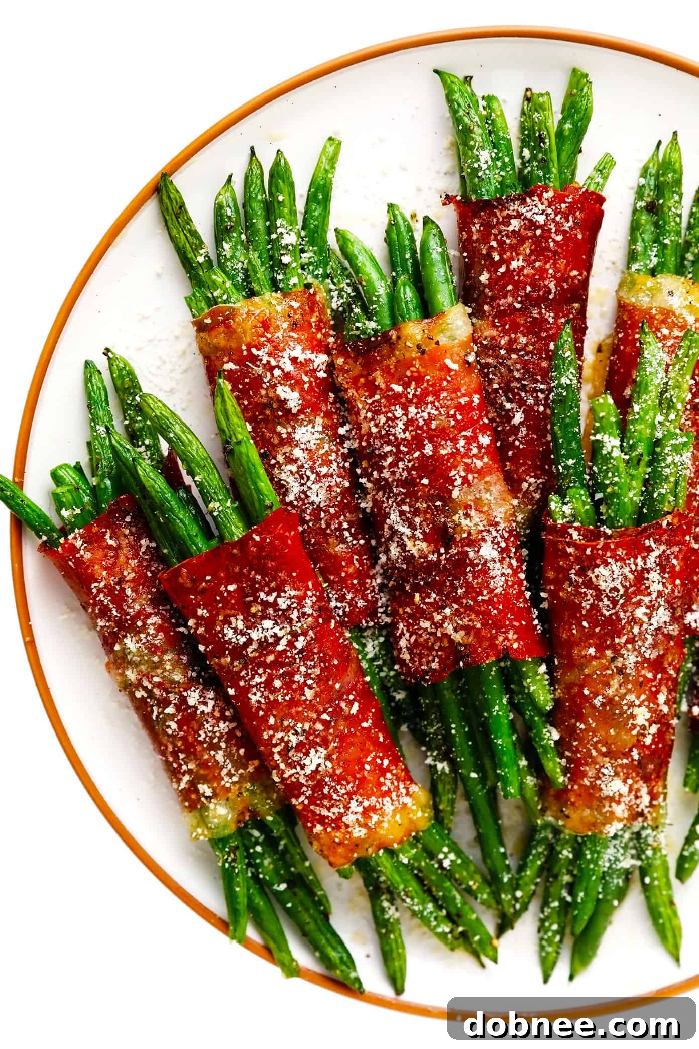 Roasted Green Bean Bundles with Prosciutto on Serving Plate