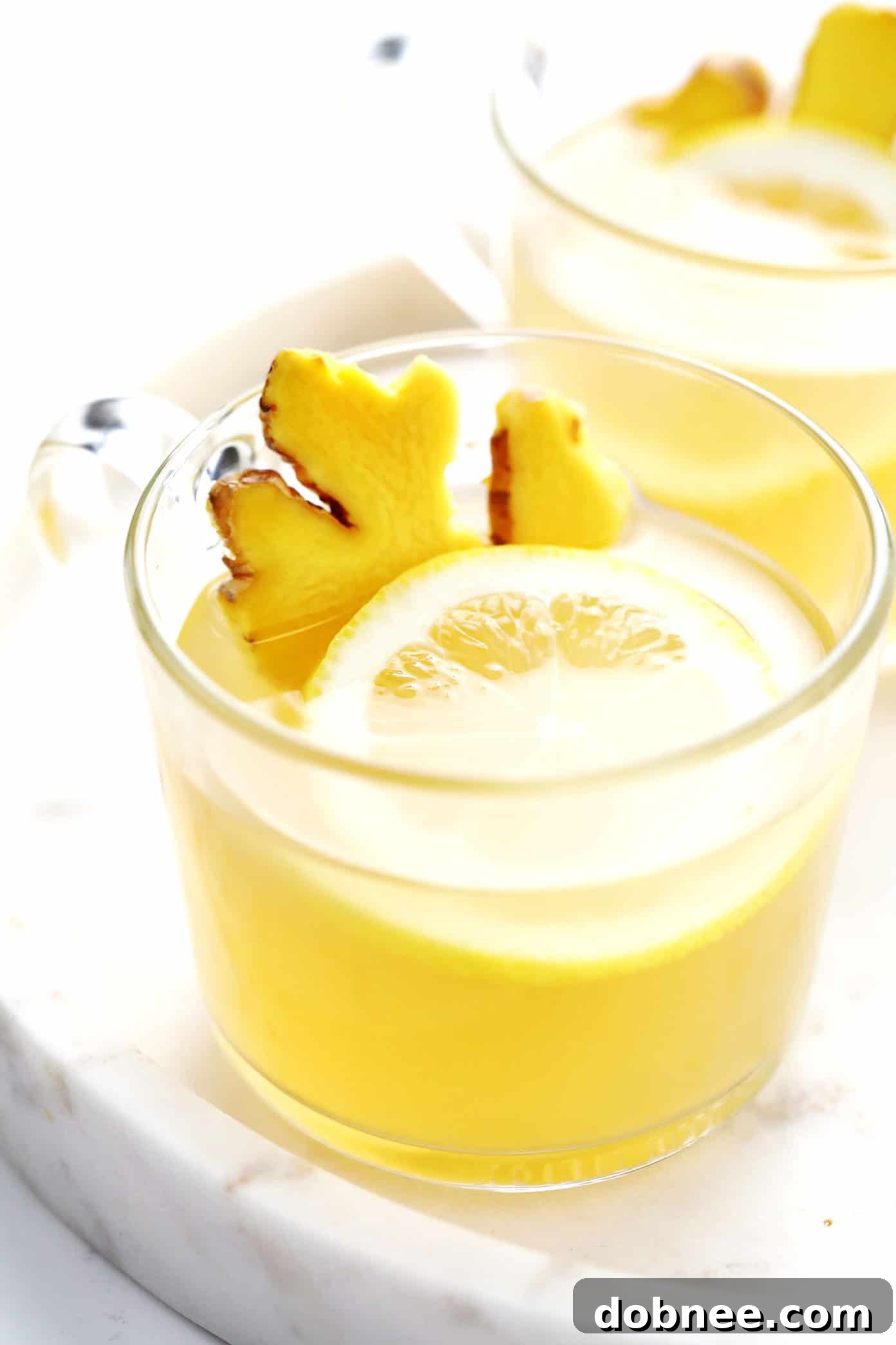 Finished Hot Toddy garnished with fresh ginger and lemon slices