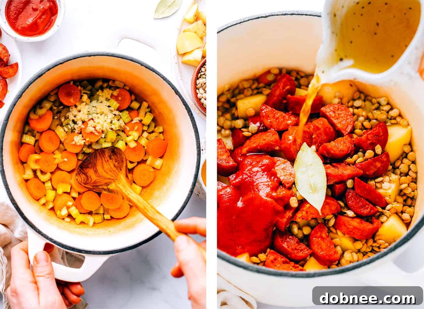 Step-by-step photos demonstrating how to prepare Spanish Chorizo Lentil Stew, including sautéing chorizo and vegetables