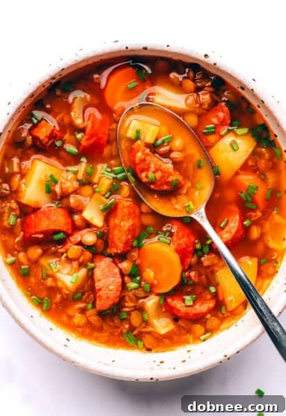 Spanish Chorizo Lentil Stew Recipe Card Image