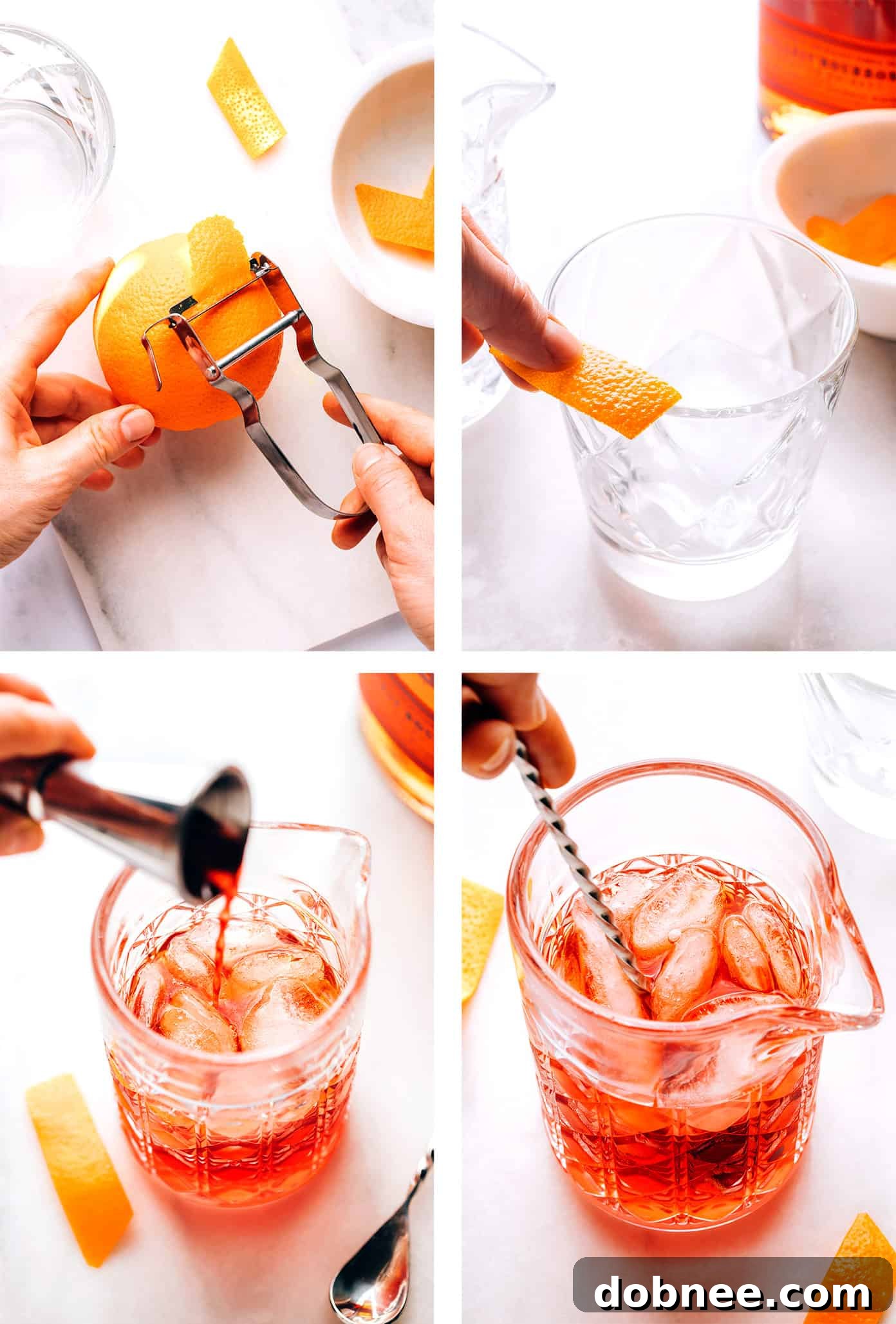 A visual guide showing three steps to make a Boulevardier: ingredients in a mixing glass with ice, stirring the cocktail, and the final garnished drink.