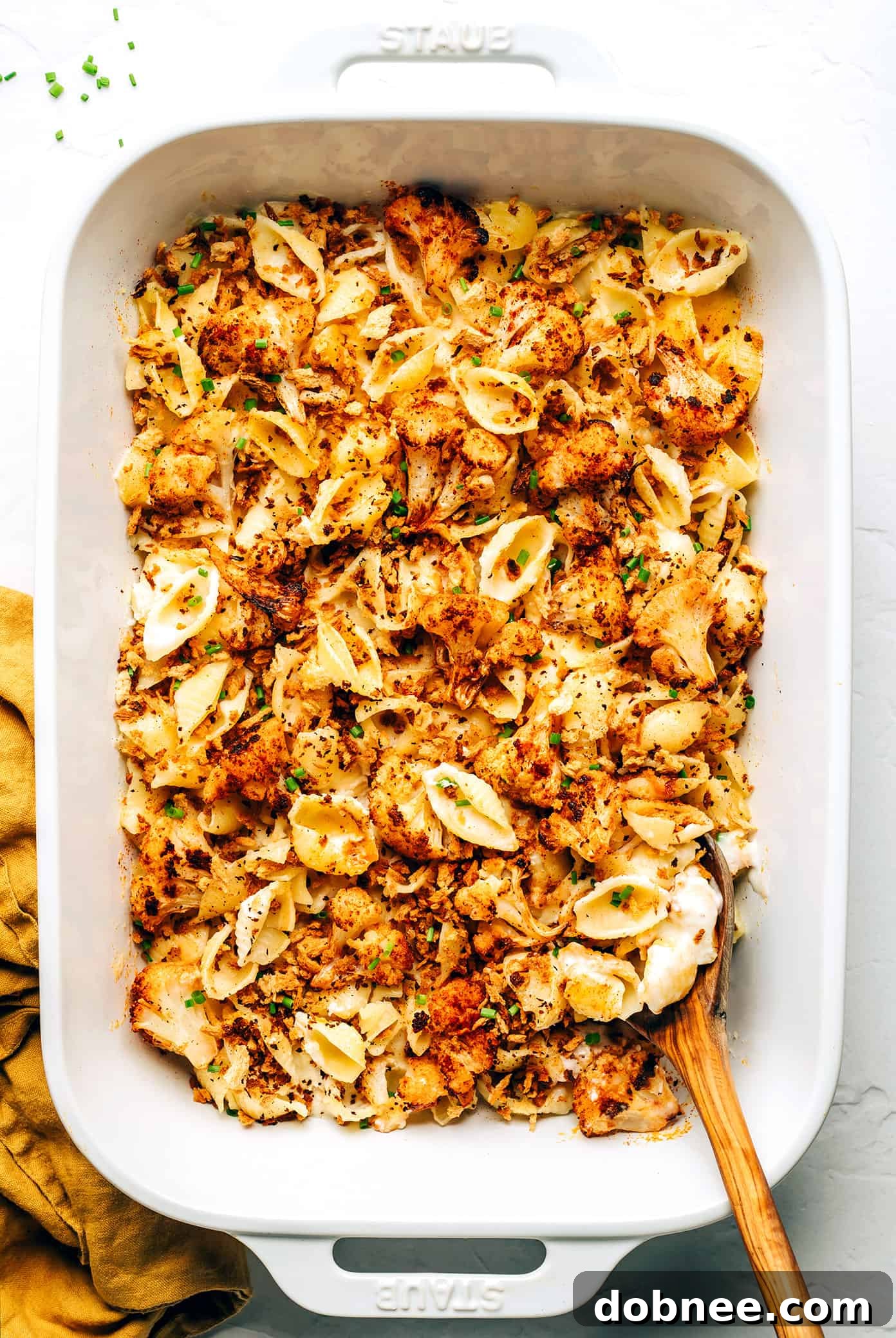 A comforting dish of Roasted Cauliflower Mac and Cheese with a golden crust Delicious Roasted Cauliflower Mac and Cheese ready to serve