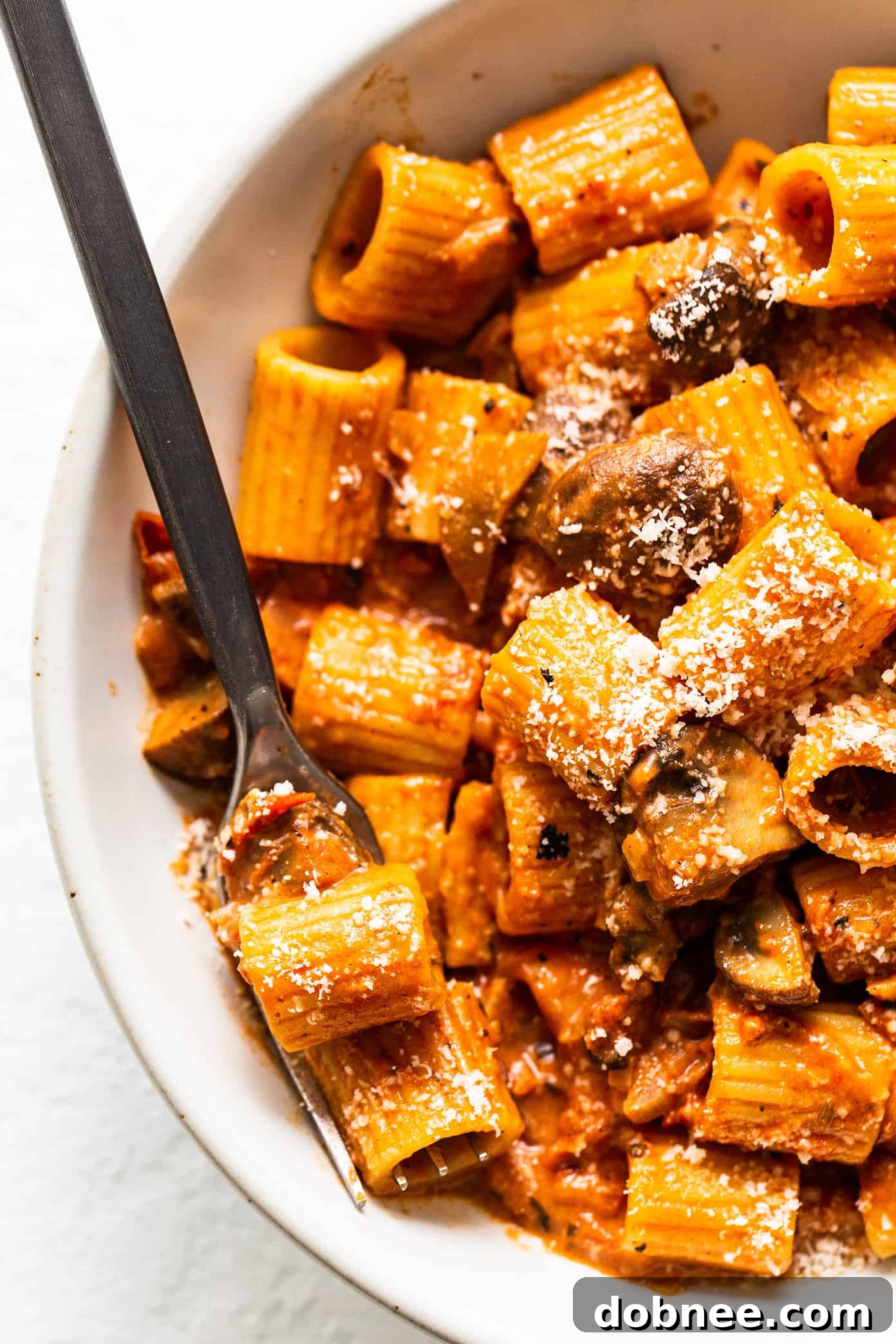 Closeup view of Pasta alla Boscaiola in a bowl, showing texture and ingredients