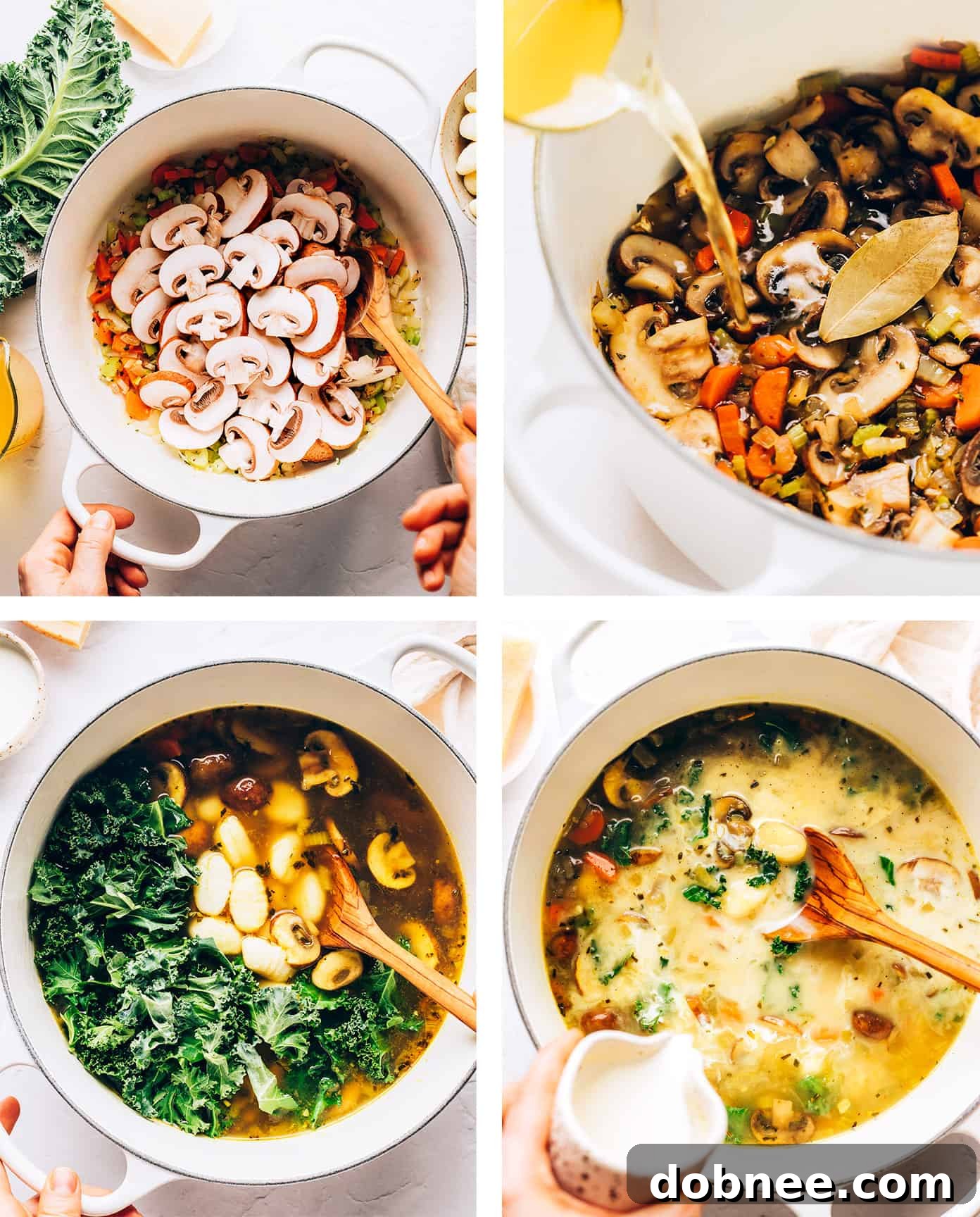 Step-by-step photos illustrating how to prepare the Gnocchi, Mushroom, and Kale Soup, from sautéing vegetables to the finished product.