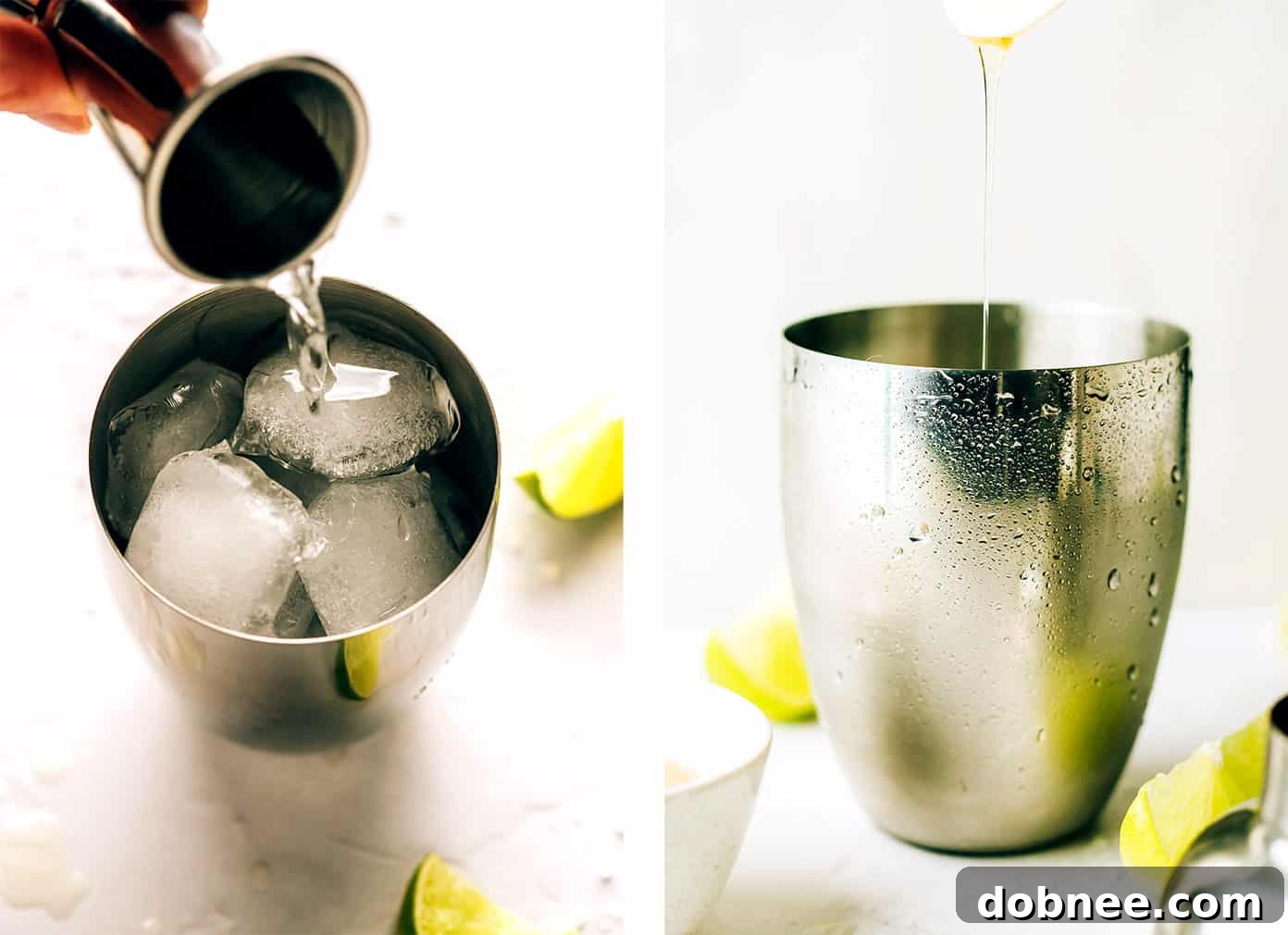 Three steps illustrating how to mix a Bourbon Margarita: measuring ingredients, shaking them in a cocktail shaker, and pouring the finished drink.