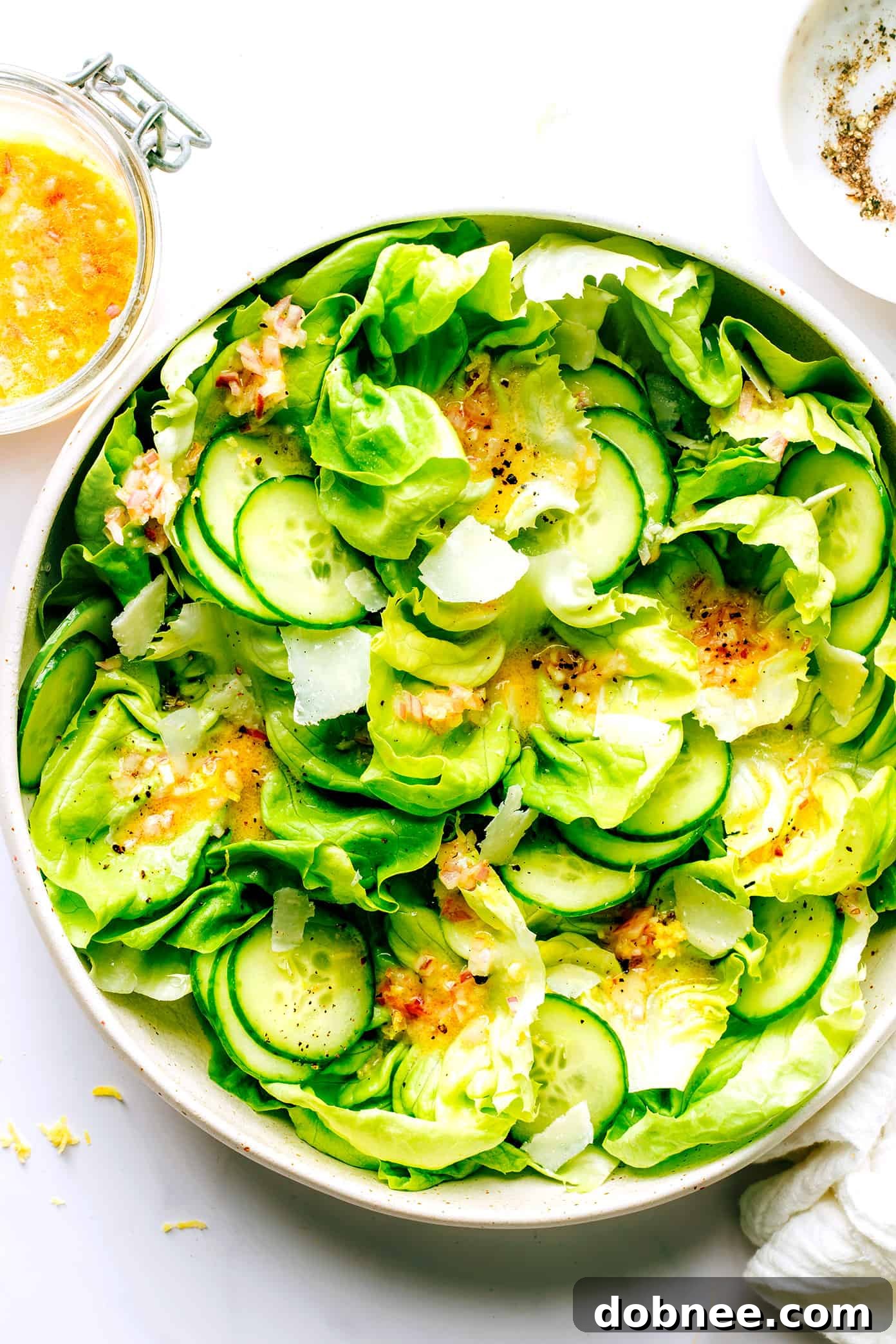 Crisp butter lettuce salad with sliced cucumber, parmesan, and a drizzle of homemade Shallot Vinaigrette