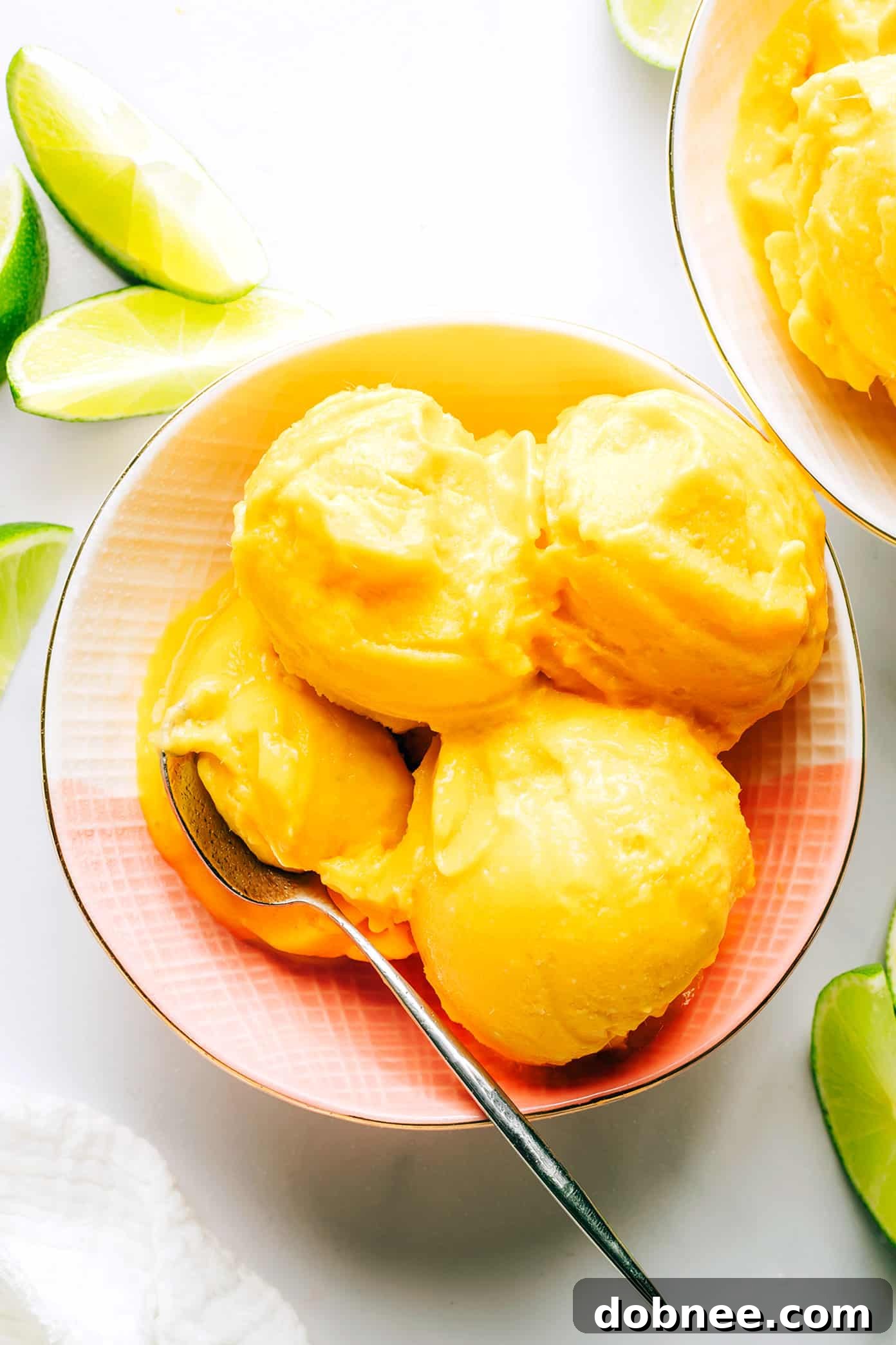Refreshing Mango Lime Sorbet in a bowl, garnished with fresh mint