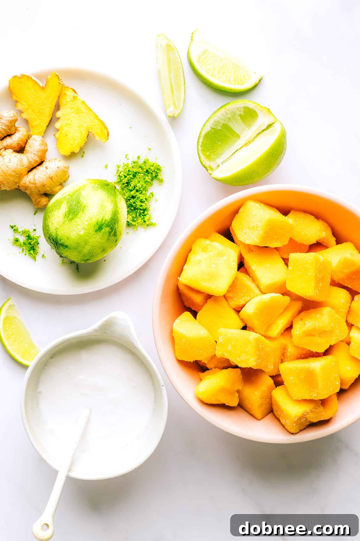 Key Ingredients for Mango Lime Sorbet: frozen mango, fresh ginger, coconut milk, and lime