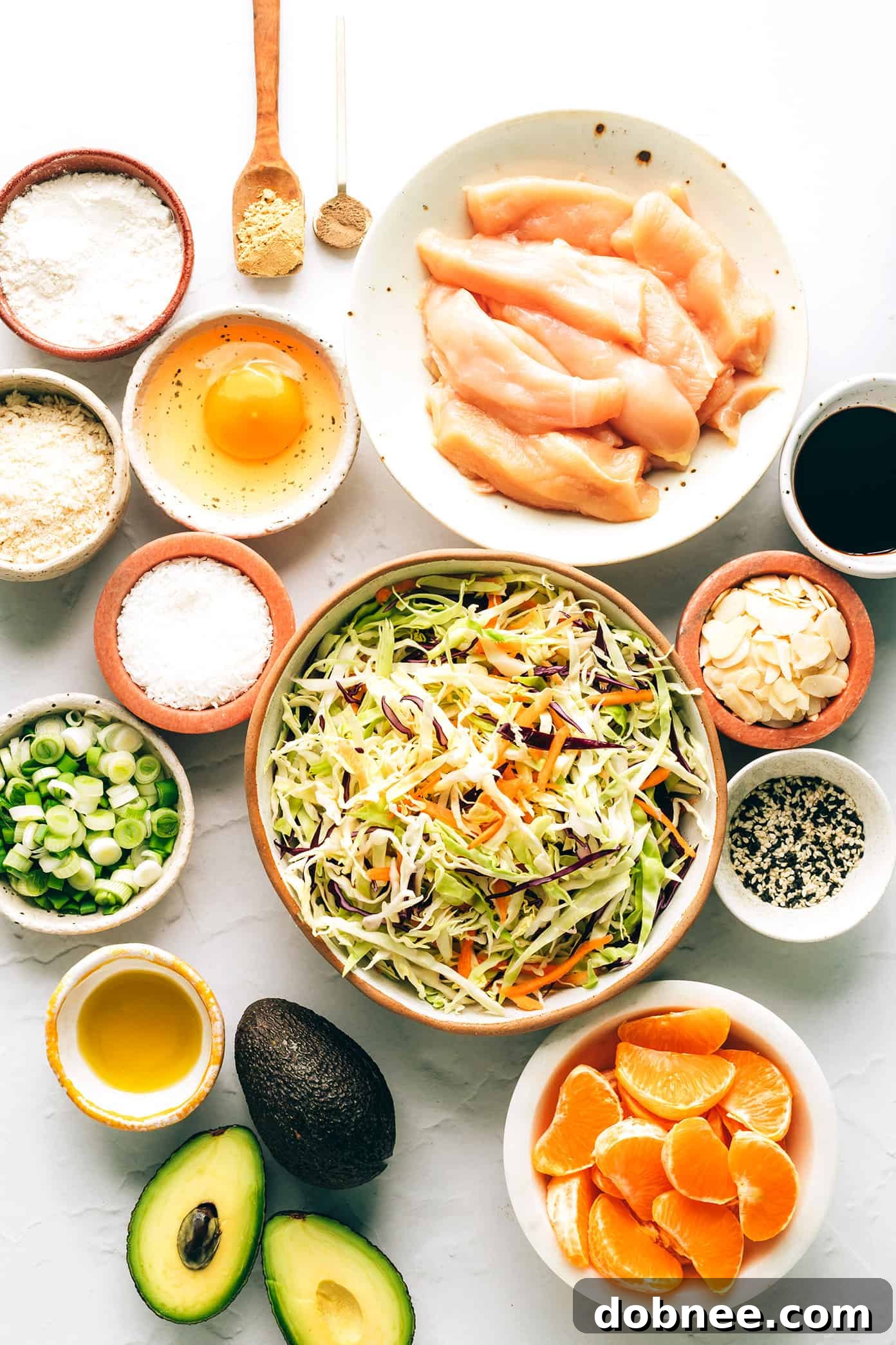 Closeup of fresh ingredients including mandarins, avocado, and scallions for salad