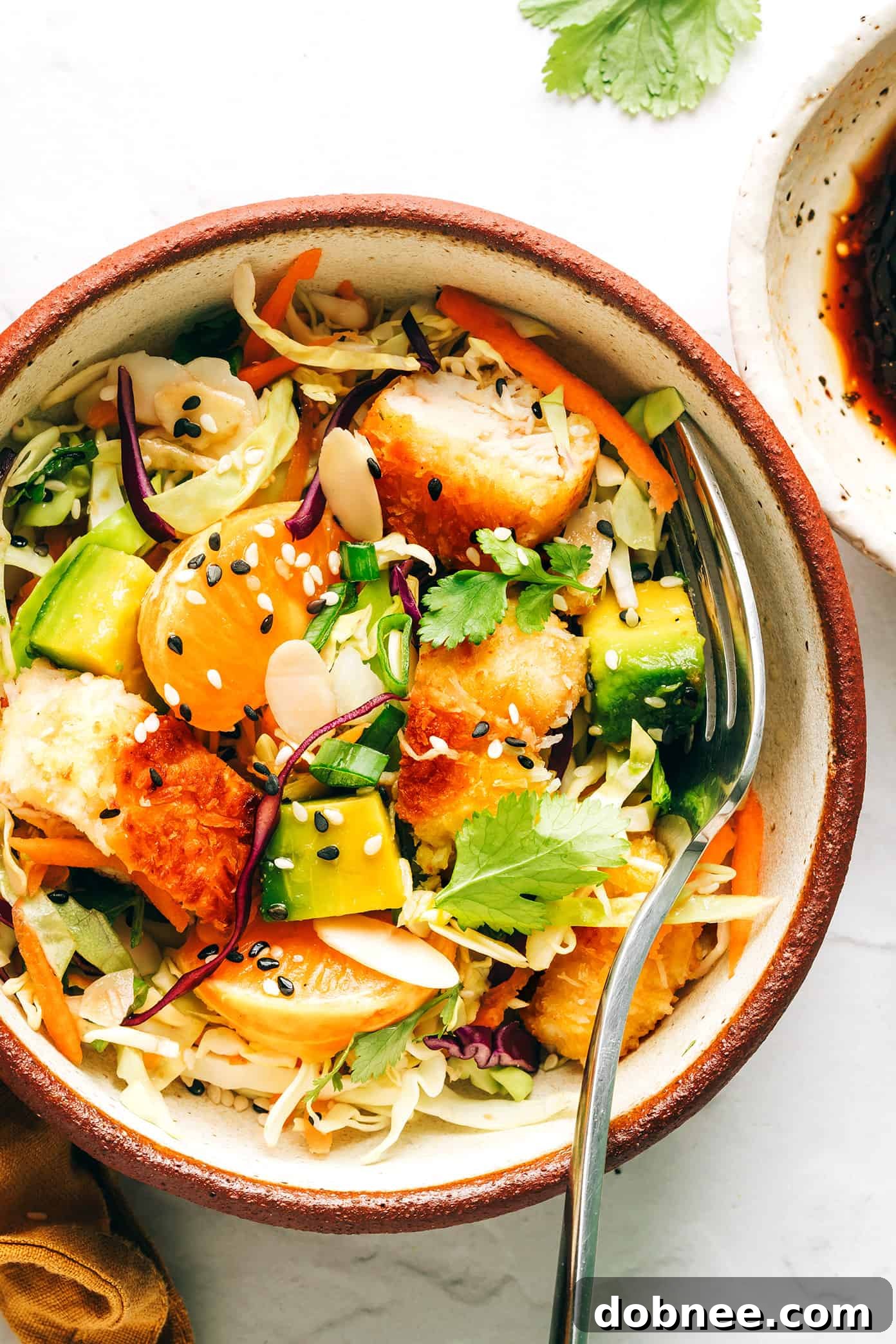 Close-up of Crispy Coconut Chicken Salad in a bowl, garnished with sesame seeds