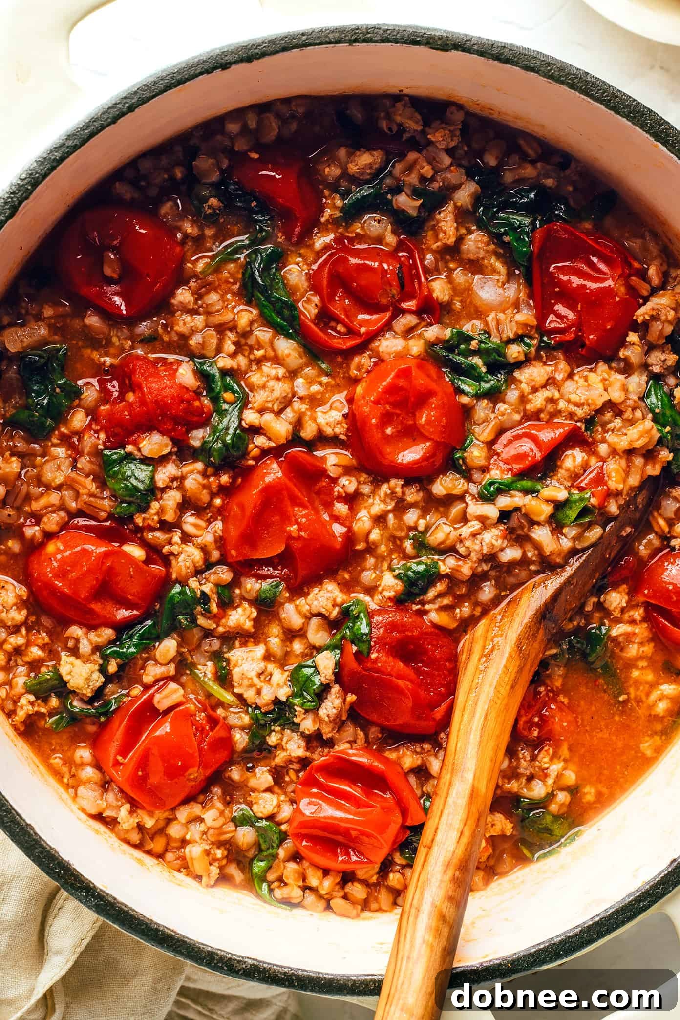 One Pot Farro with Italian Sausage and Tomatoes Closeup - Ready to Serve