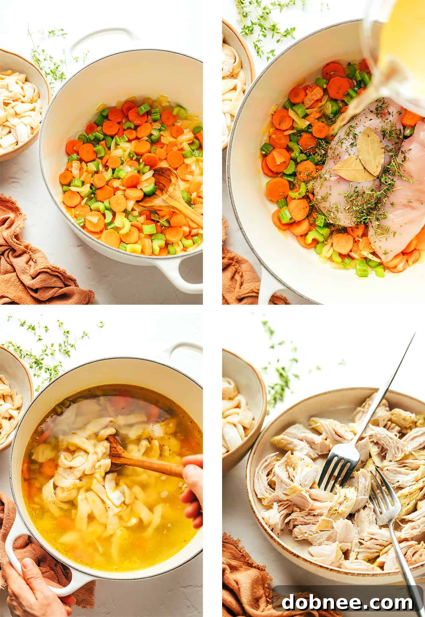 Step by step demonstration of making homemade chicken noodle soup