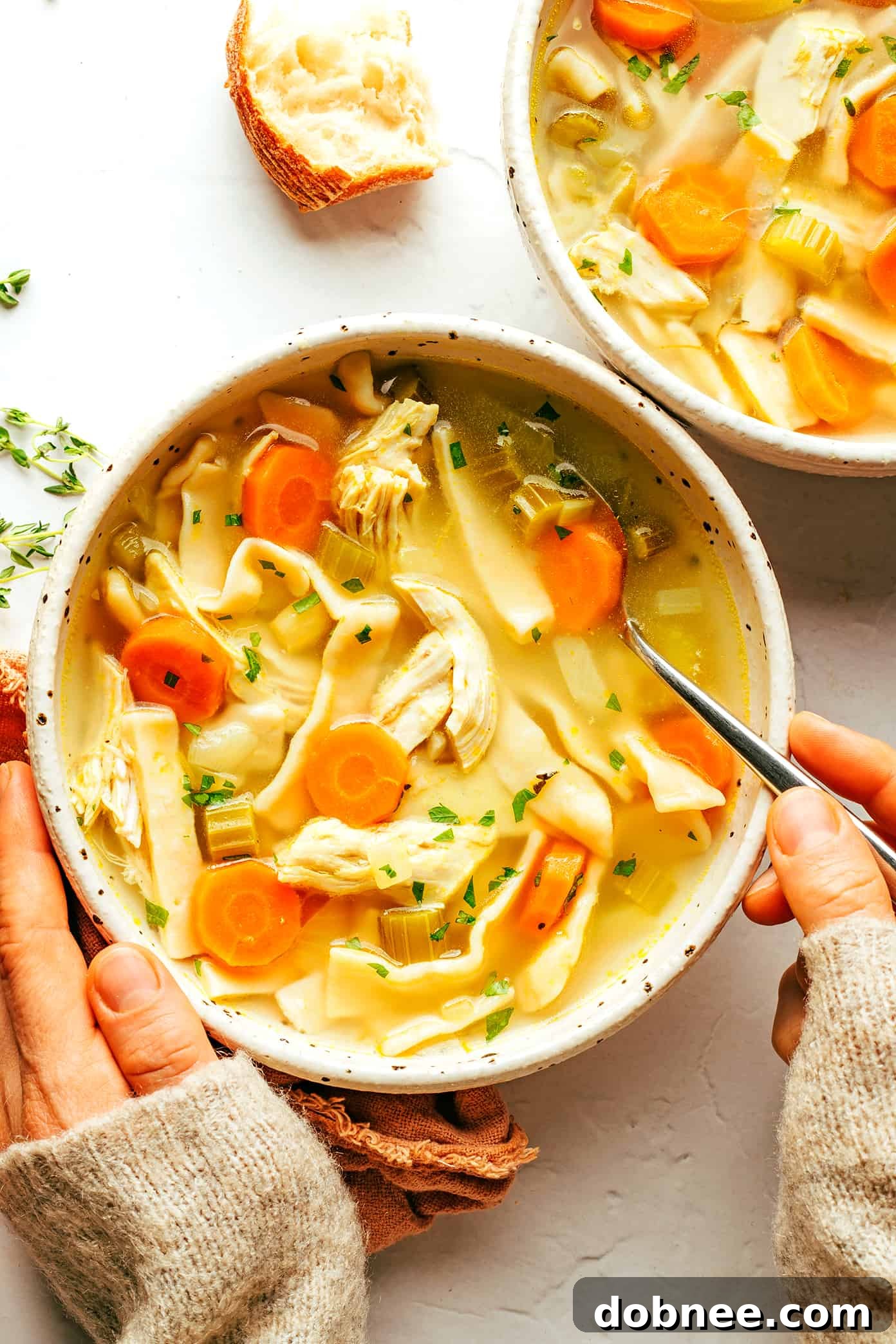 Bowls of homemade chicken noodle soup with bread