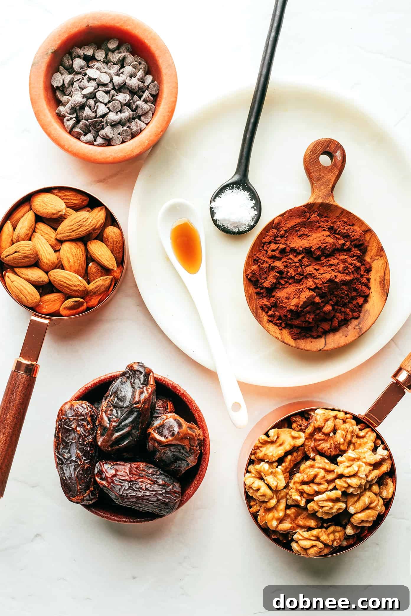 Salted Chocolate Brownie Bites Ingredients - Wholesome nuts, dates, cocoa, vanilla, and sea salt
