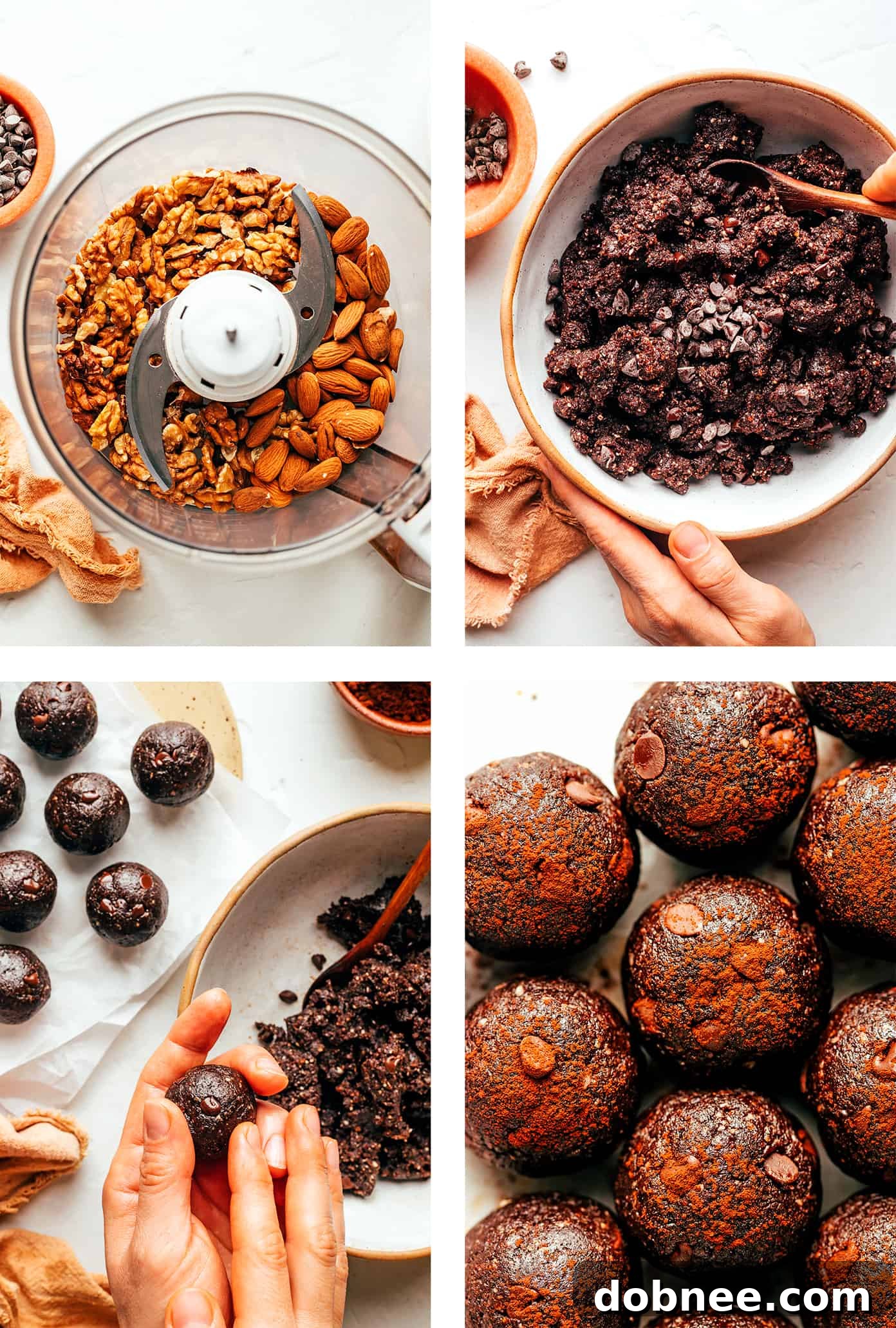 Step by step photos showing how to make brownie bites - from blending ingredients to rolling into balls.