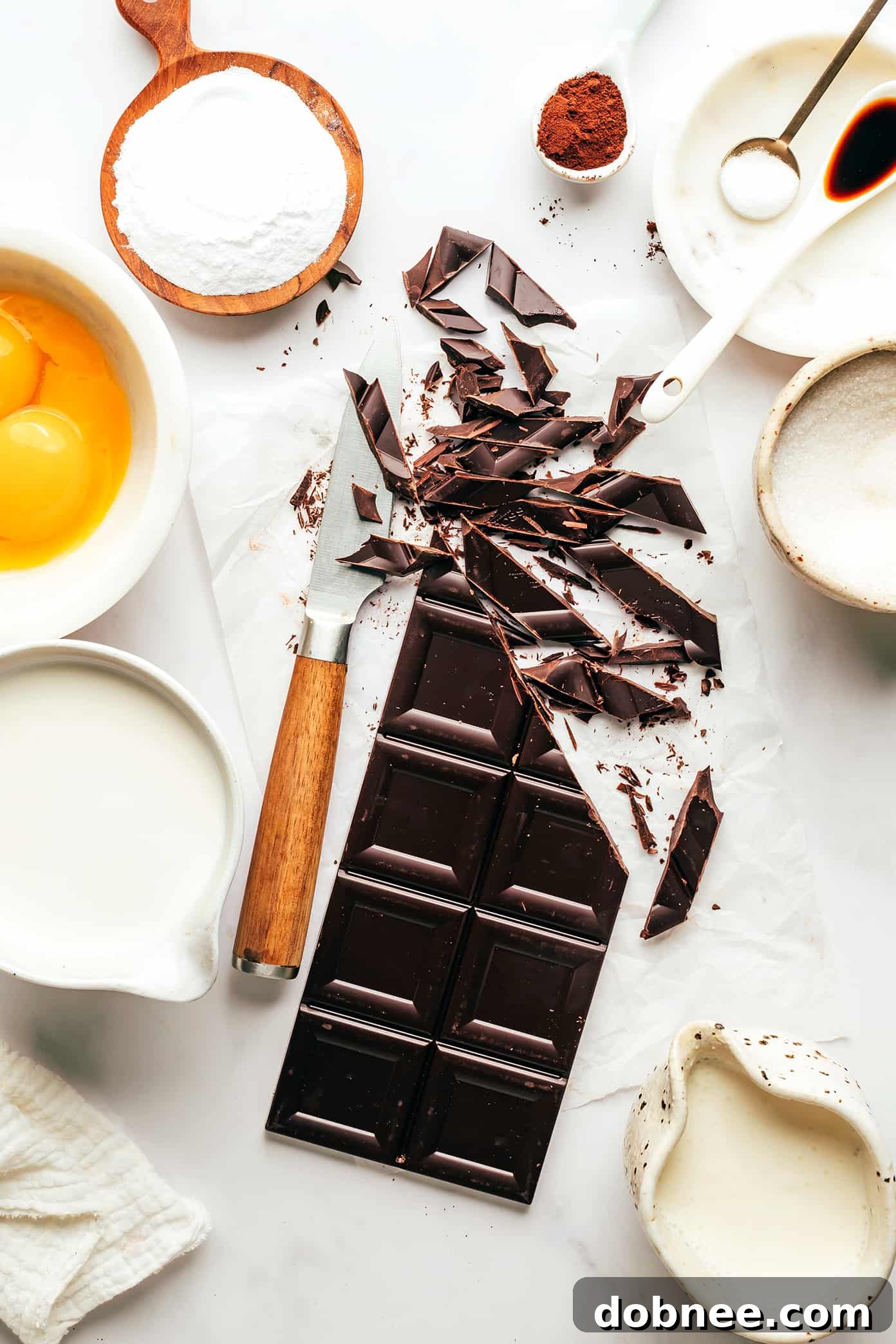 Effortless Silky Chocolate Pots 3 Ingredients for Easy Chocolate Pots de Crème including half and half, egg yolks, bittersweet chocolate, and espresso powder.