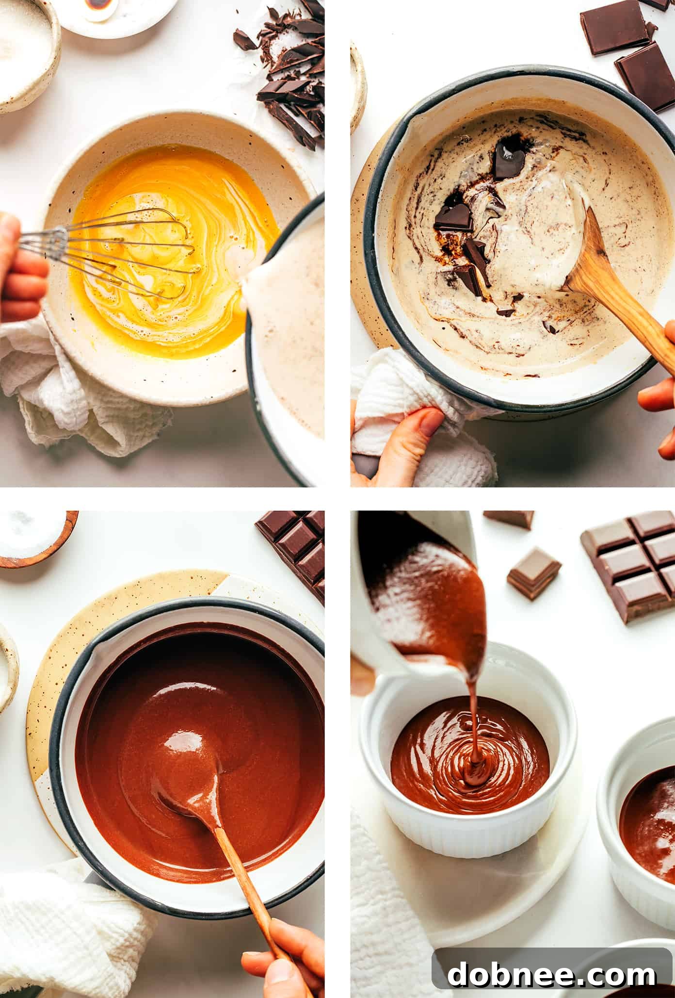 Effortless Silky Chocolate Pots 4 Step-by-step photos illustrating the process of making no-bake chocolate pots de crème, from tempering eggs to chilling.