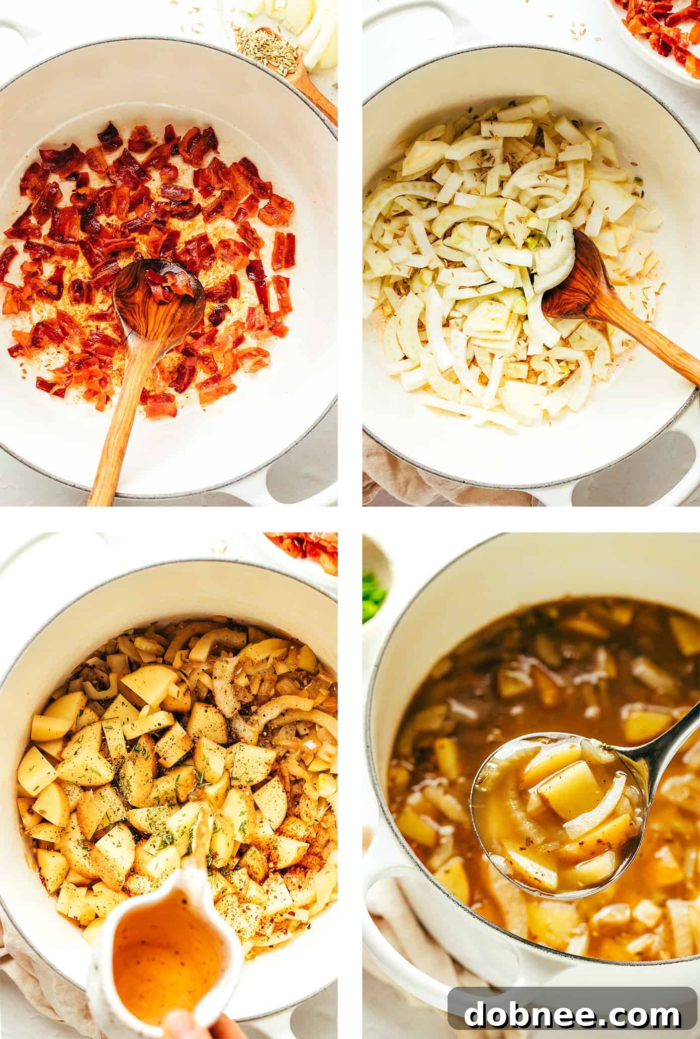 Step-by-step photos showing how to make Potato Bacon Fennel Soup