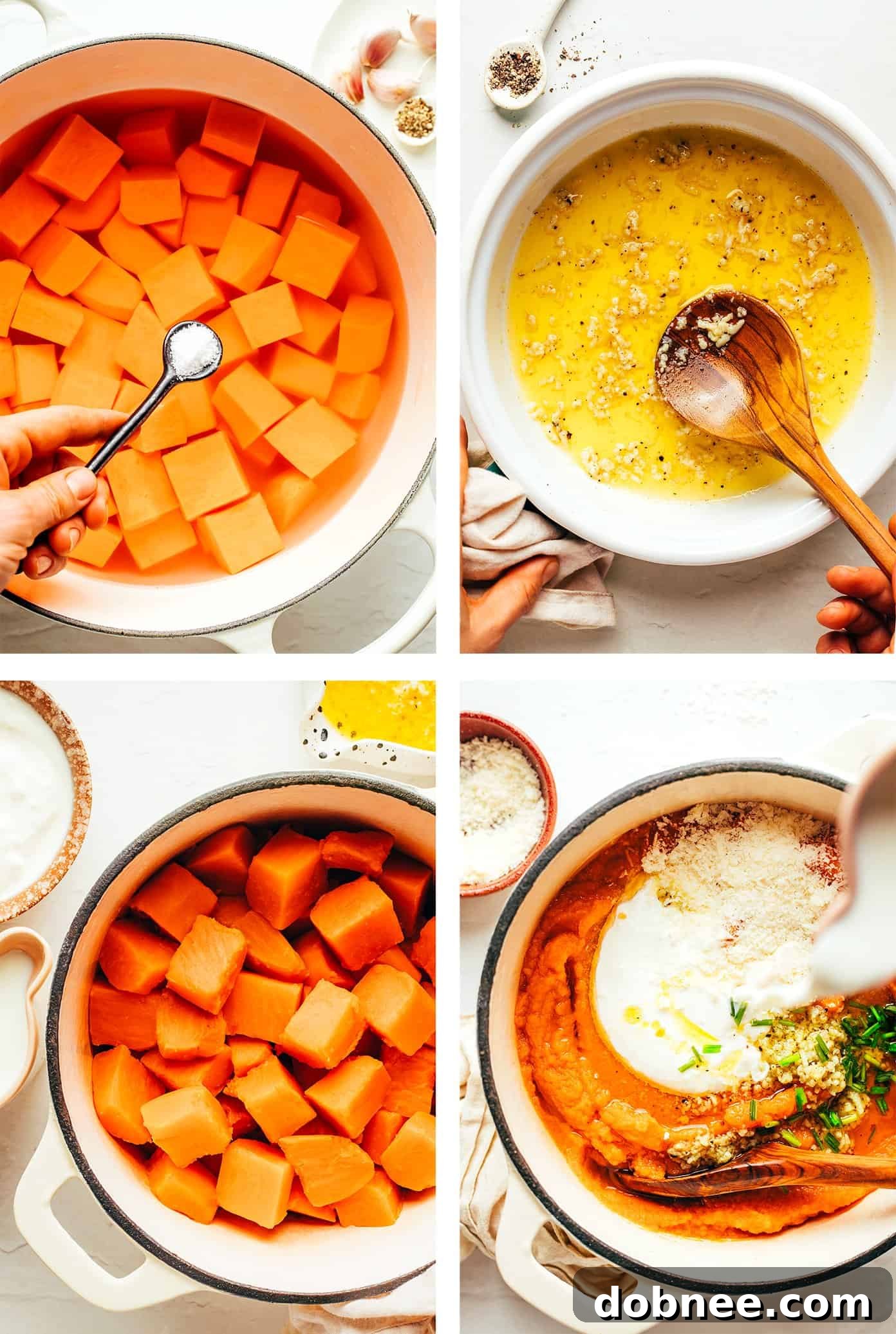 Step by step photos detailing how to make mashed sweet potatoes