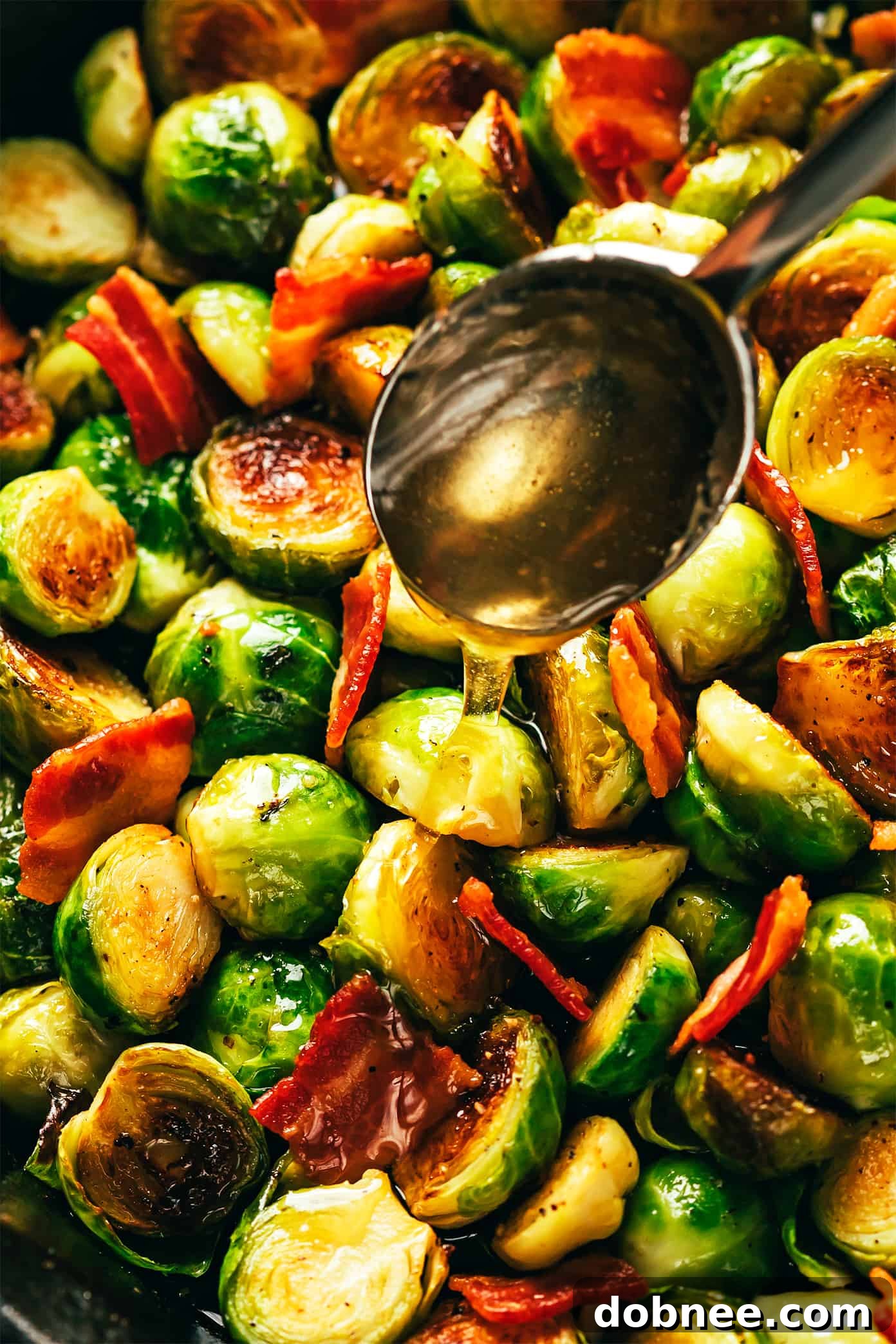 Bacon Brussels Sprouts with Hot Honey in a bowl, ready to serve.