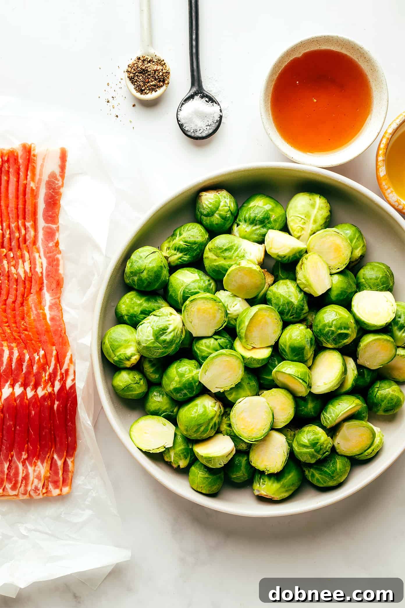 Ingredients laid out for making Bacon Brussels Sprouts with Hot Honey