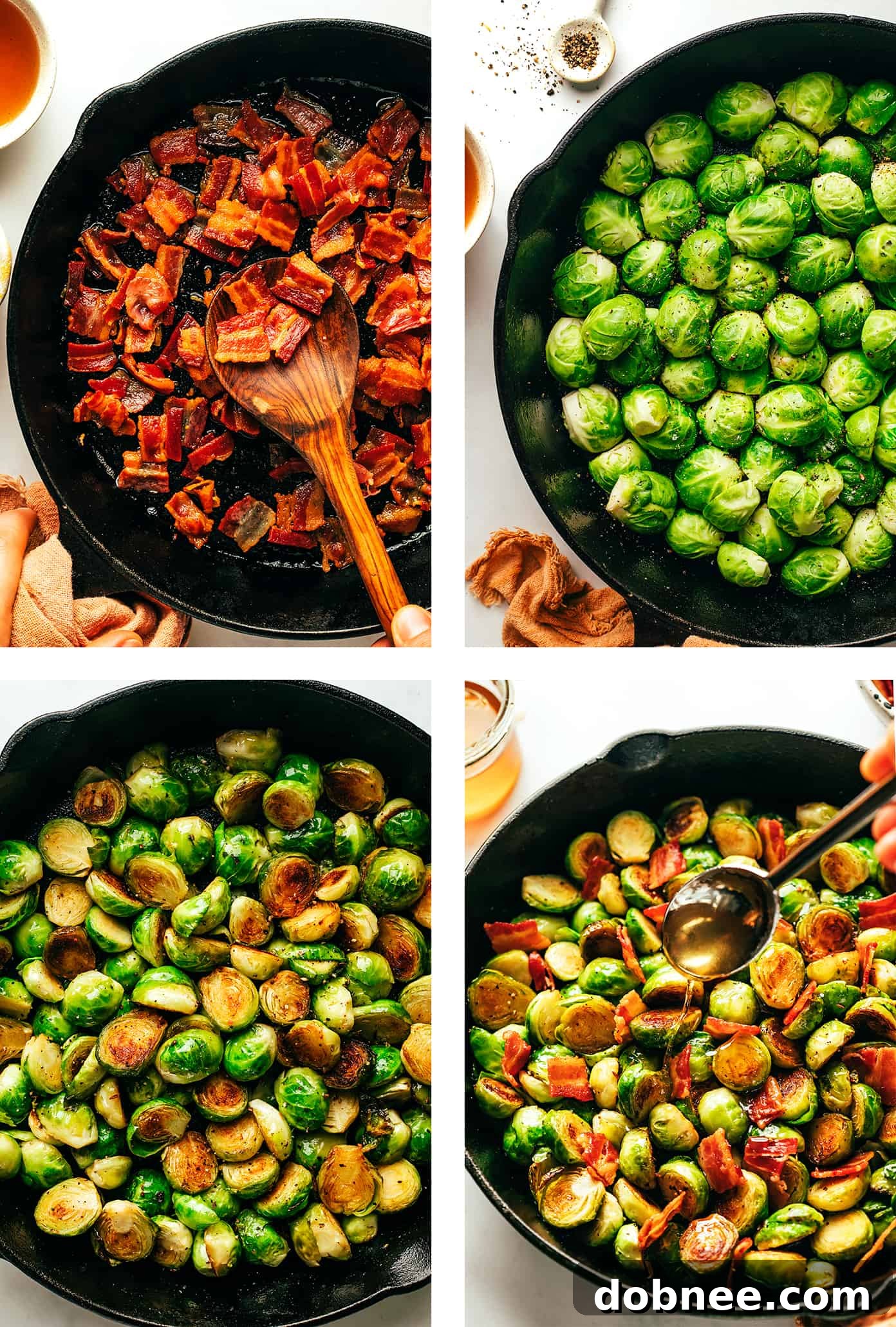 Step-by-step photos illustrating the cooking process for Bacon Brussels Sprouts.