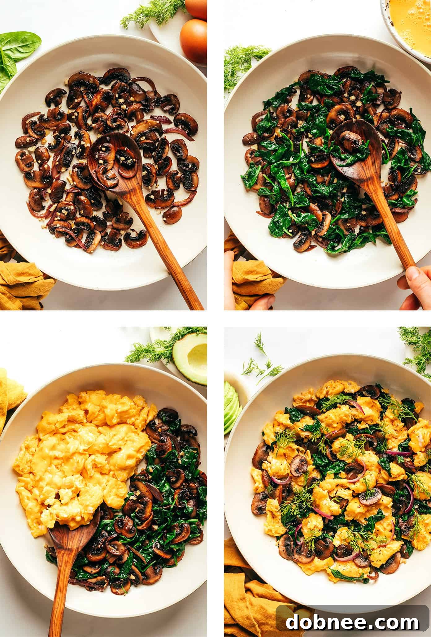 A beautifully plated spinach mushroom egg scramble with a side of fresh avocado and a sprinkle of dill, showcasing its appealing presentation.