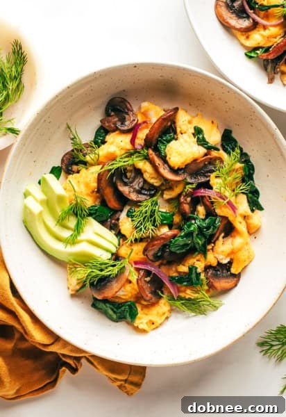 Spinach Mushroom Egg Scramble with avocado