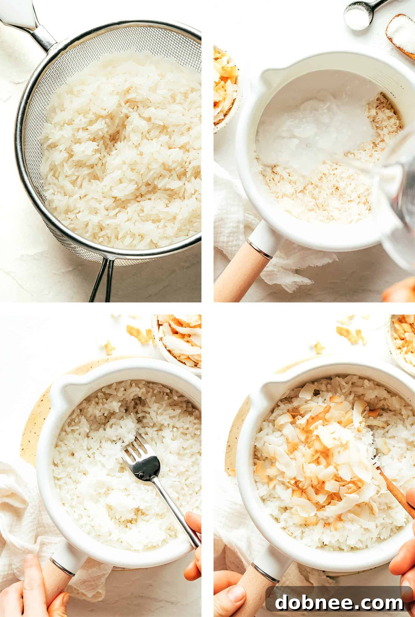Step-by-step images showing the process of making coconut rice, from rinsing the rice to combining ingredients in a pot.