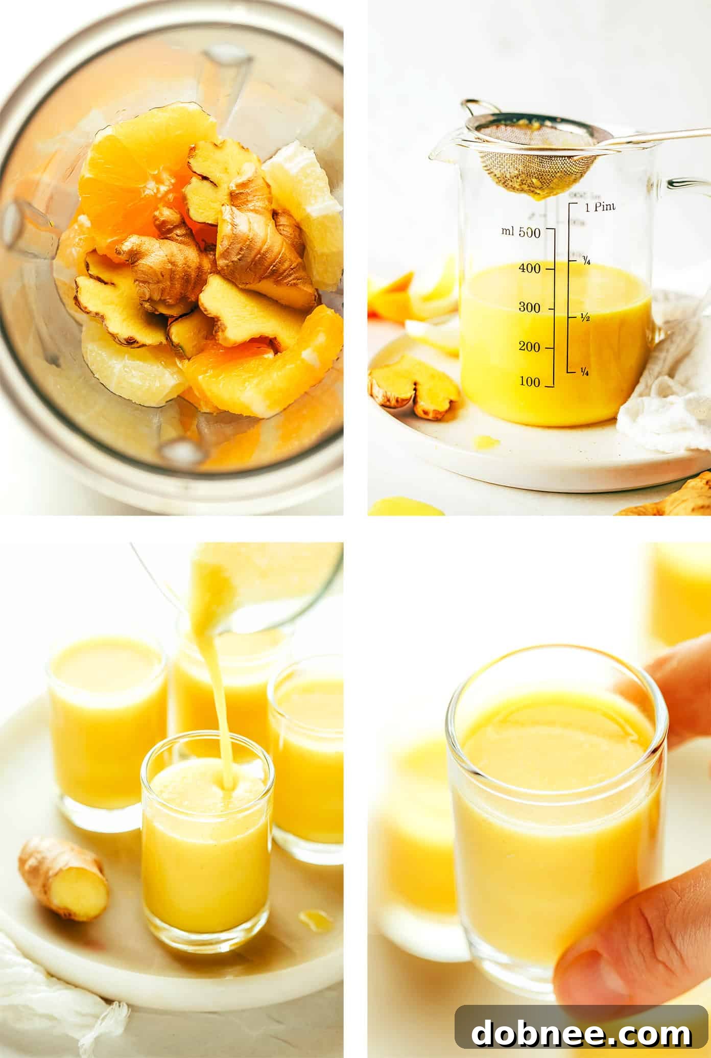 Step-by-step photos illustrating the process of making ginger shots, from blending to straining.