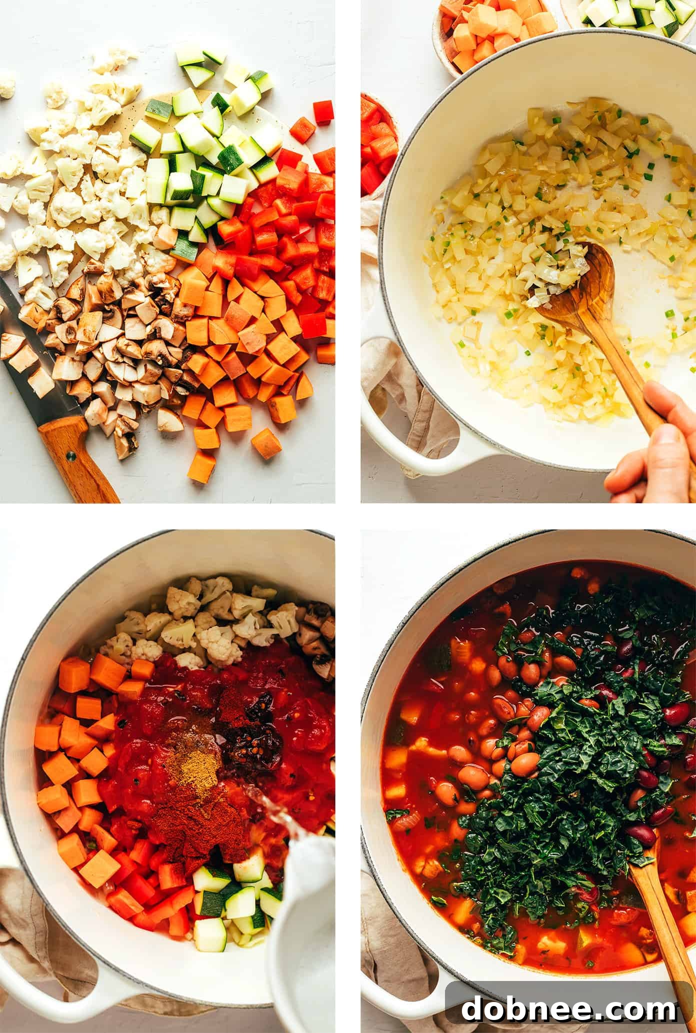 Step-by-step photos illustrating how to prepare vegetarian chili, from sautéing aromatics to simmering vegetables and adding beans, ensuring a winning and delicious outcome.