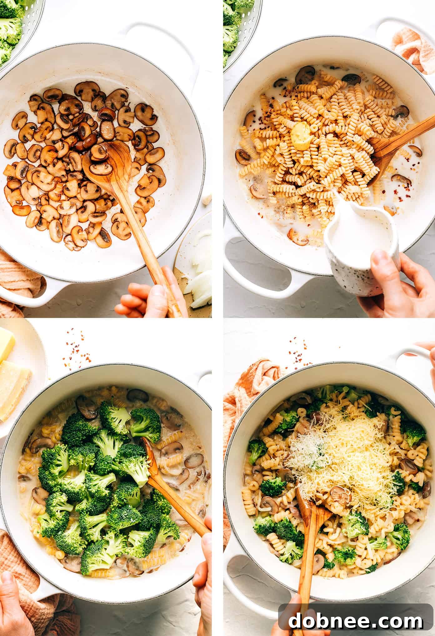 Step-by-step photos illustrating how to make one-pot broccoli mac and cheese