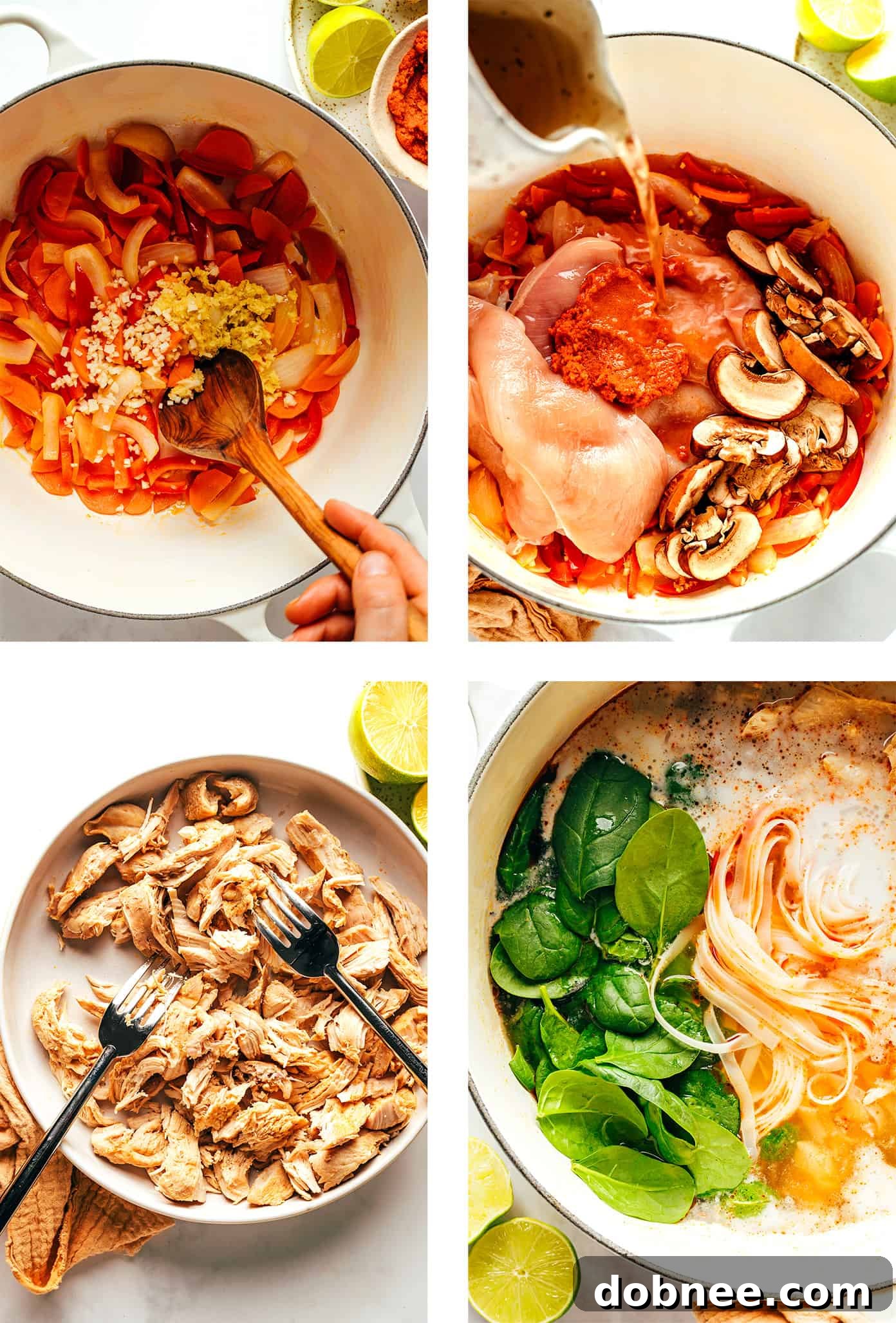 Step by step photos showing how to make Thai chicken noodle soup