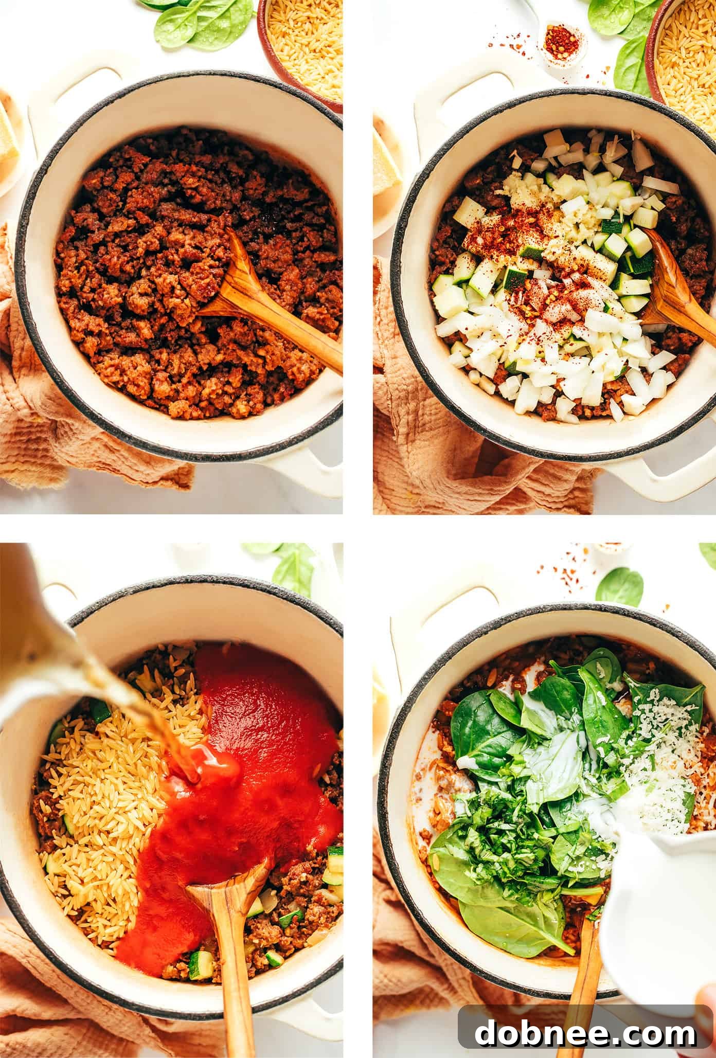 Fresh ingredients laid out for Italian Sausage Zucchini Orzo recipe