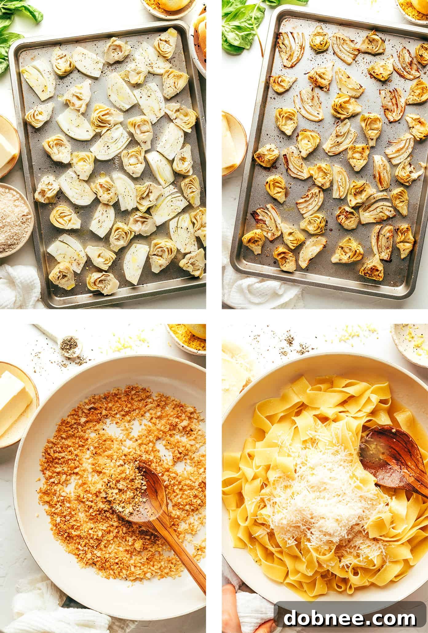 Step-by-step photos illustrating the process of making Lemon Brown Butter Pasta with Roasted Fennel and Artichokes, from prep to combining ingredients.