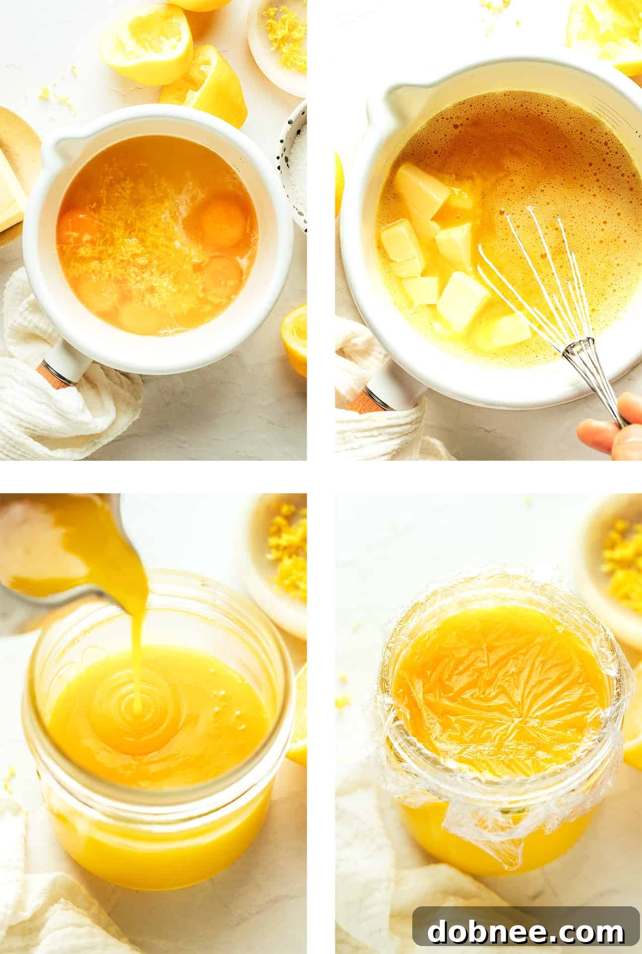 Step-by-step photographs demonstrating the process of making homemade lemon curd, from whisking ingredients to cooking on the stove.
