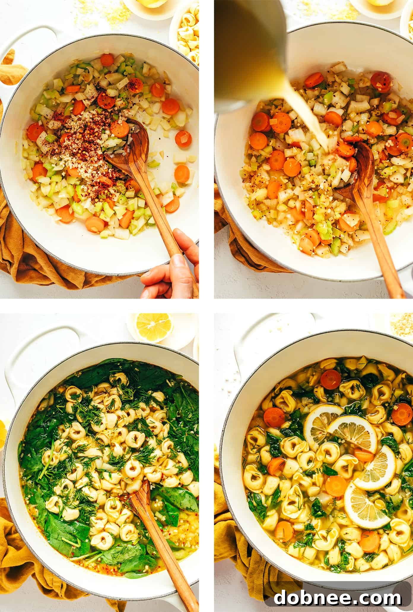 Ingredients for Lemony Tortellini Soup laid out on a wooden cutting board.