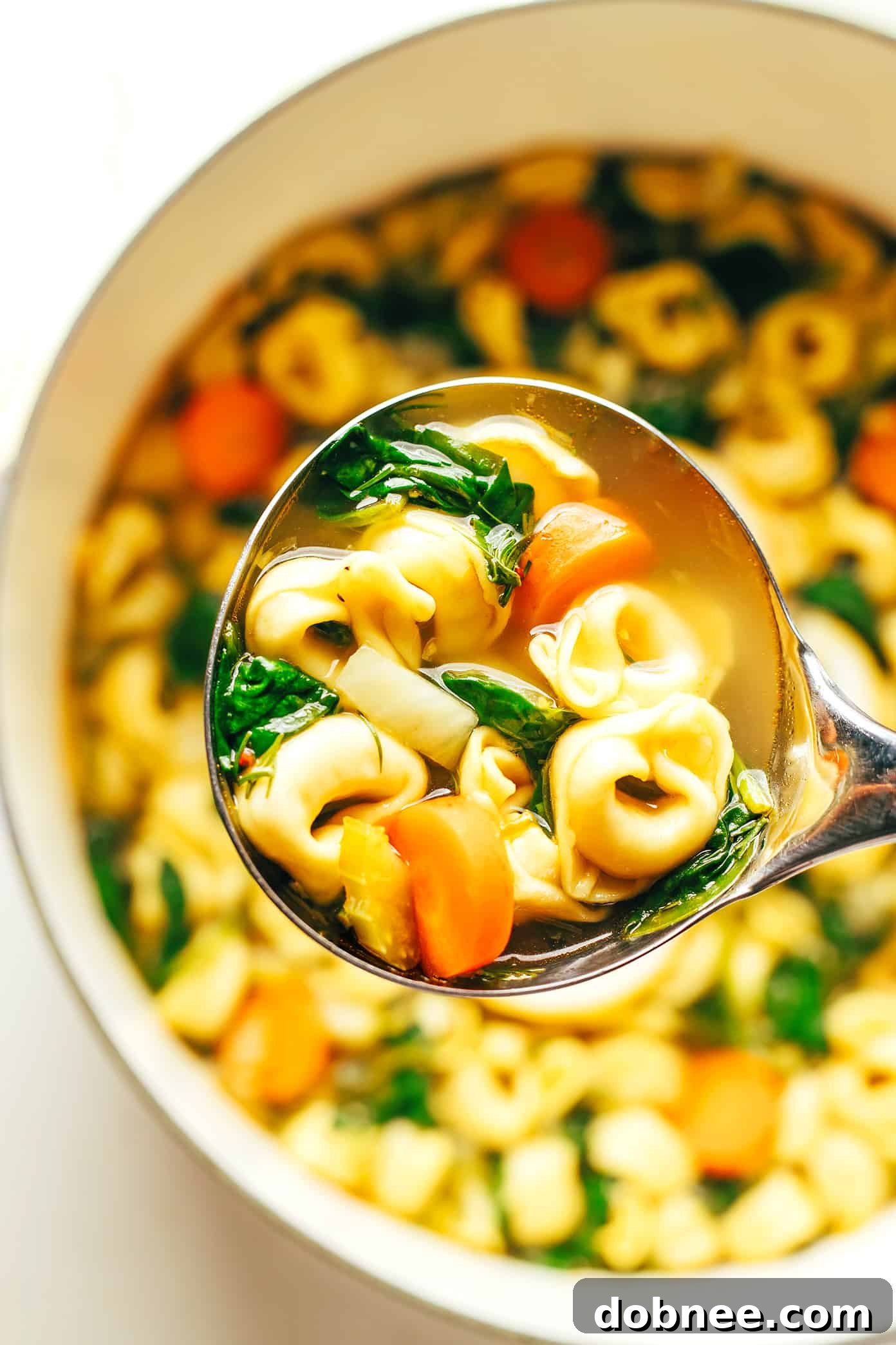 A large pot of Lemony Tortellini Soup simmering on the stove.
