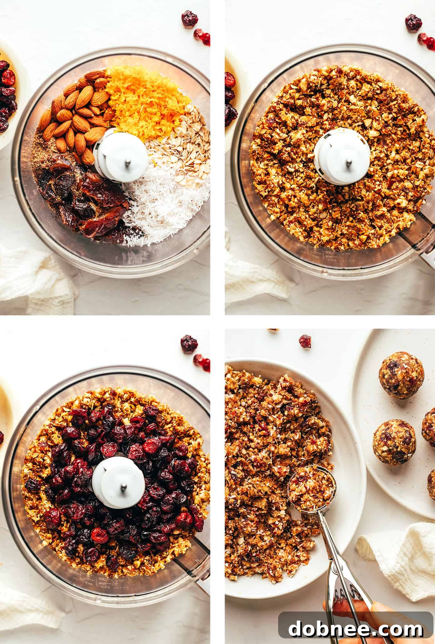 Three Cranberry Orange Almond Energy Bites coated in shredded coconut.