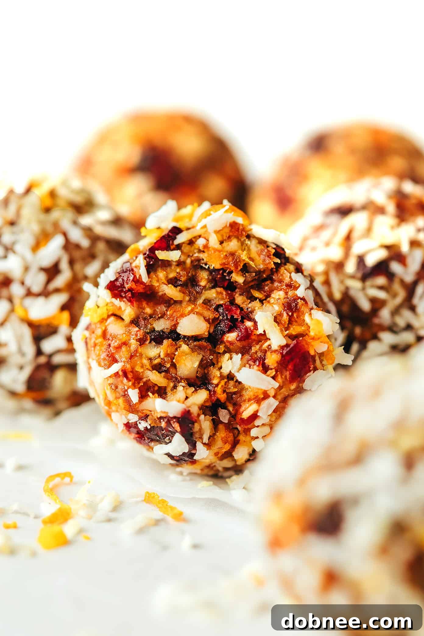 A close-up of a serving of Cranberry Orange Almond Energy Bites.
