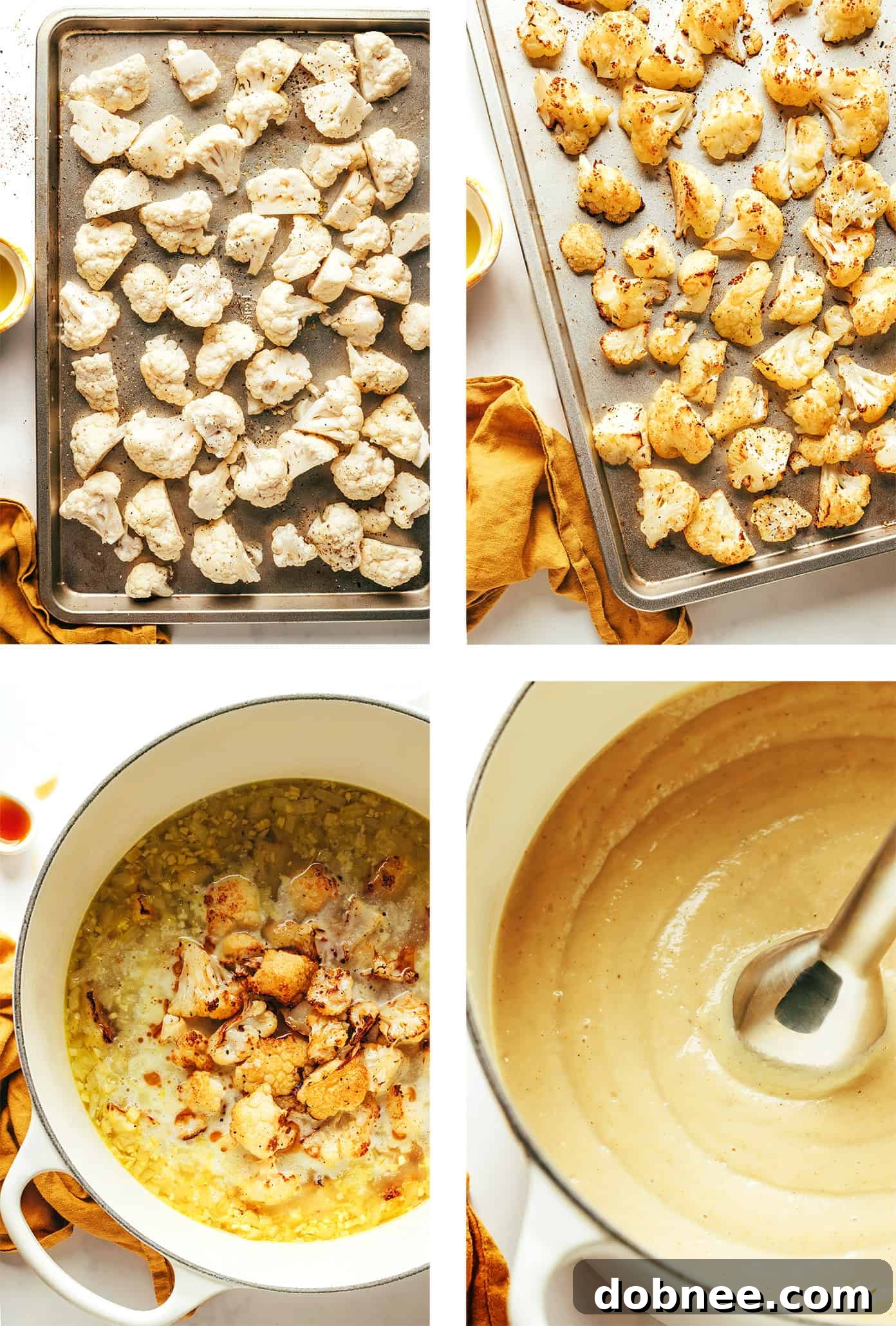 A close-up of the finished sesame ginger roasted cauliflower soup in a bowl, showing its creamy texture and fresh toppings.