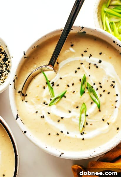 A bowl of Sesame Ginger Roasted Cauliflower Soup