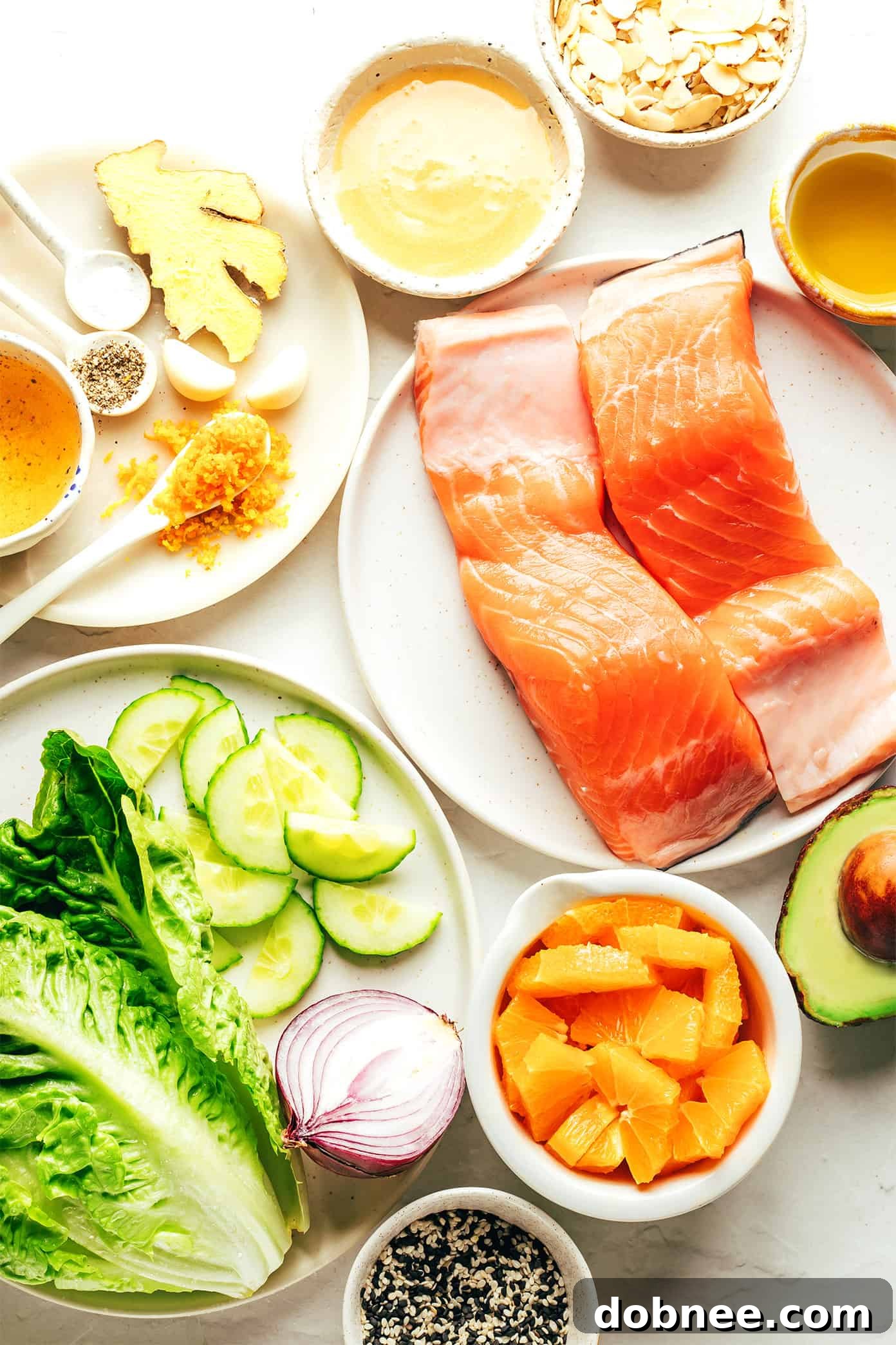 A vibrant flat lay of Orange Salmon Salad ingredients including fresh salmon fillets, sliced oranges, avocado, cucumber, red onion, Romaine lettuce, and toasted almonds