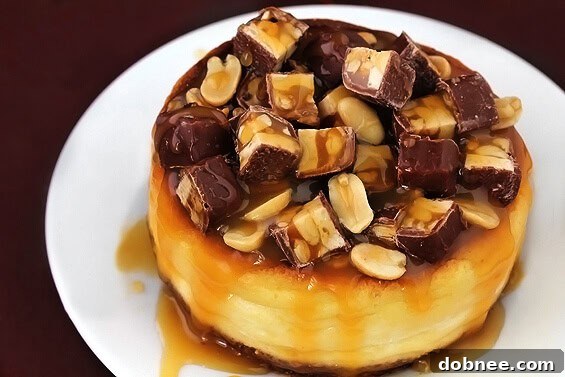 A decadent Snickers cheesecake slice, topped with caramel drizzle, chopped peanuts, and chocolate.