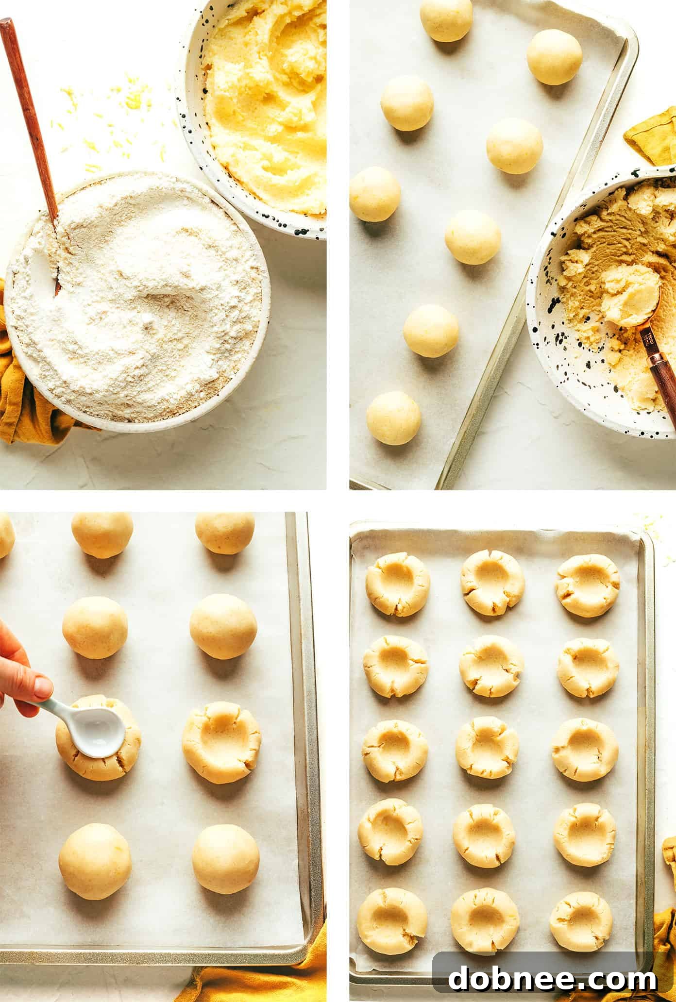 Step-by-step process of making lemon thumbprint cookies, from dough balls to indented cookies