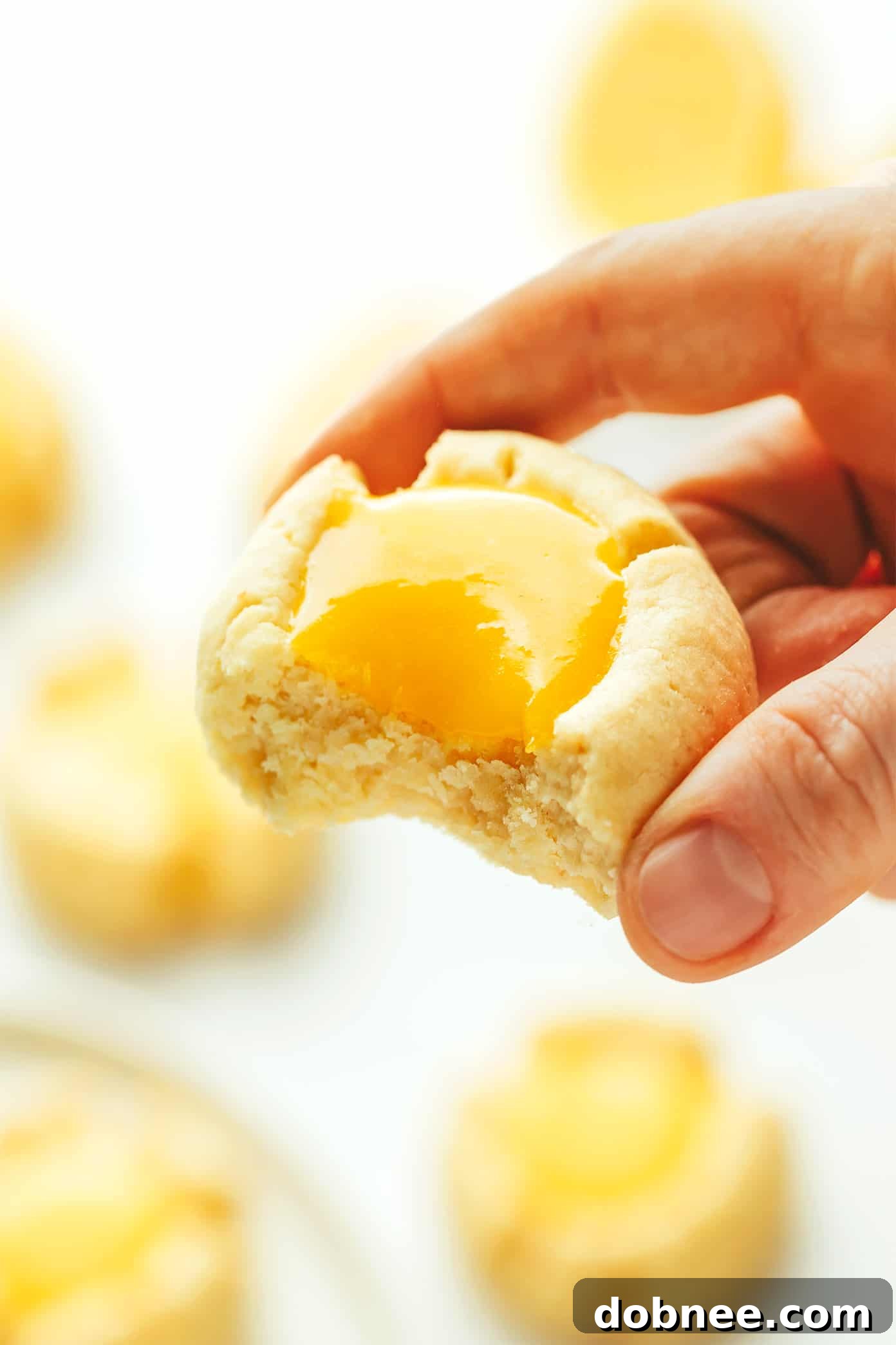 A perfectly baked lemon thumbprint cookie with a bite taken out, showcasing the curd filling
