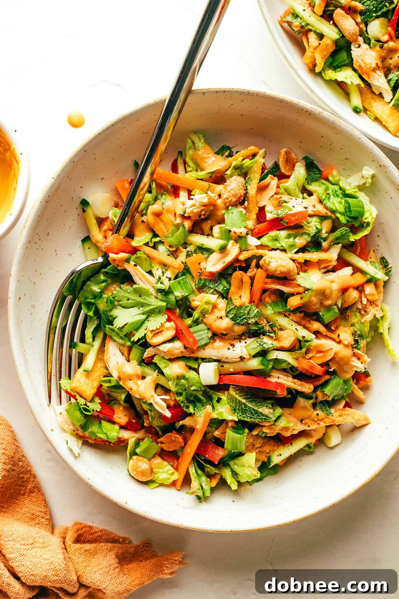 A vibrant bowl of Thai Crunch Salad with peanut dressing, featuring shredded cabbage, chicken, crispy wontons, and fresh herbs.