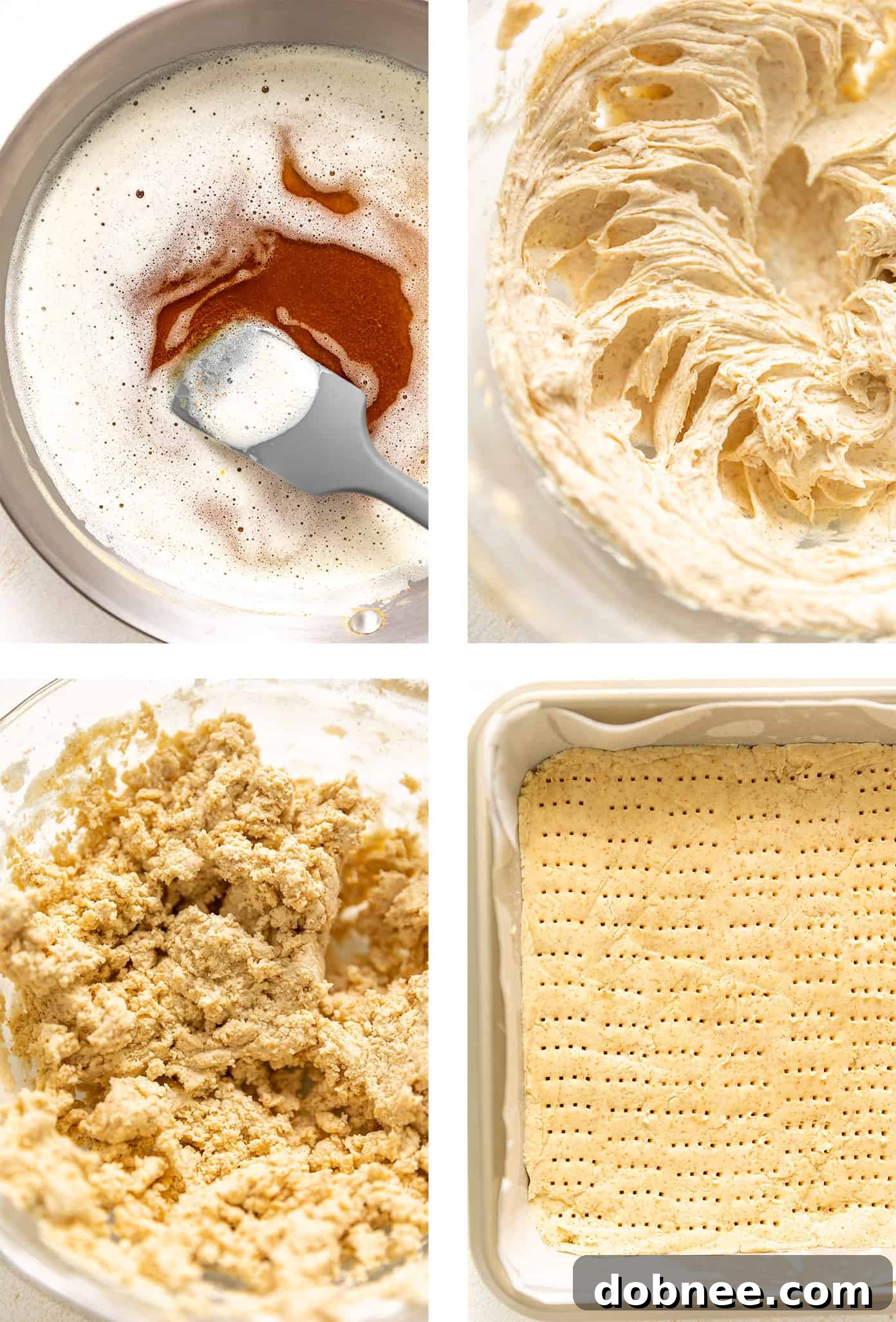 Close-up of brown butter shortbread dough being pressed into a baking pan