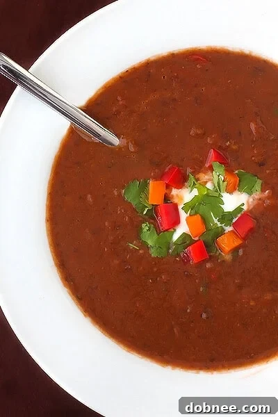 Garnished Spicy Black Bean Soup Close-up of a steaming bowl of homemade Spicy Black Bean Soup, garnished with fresh cilantro.