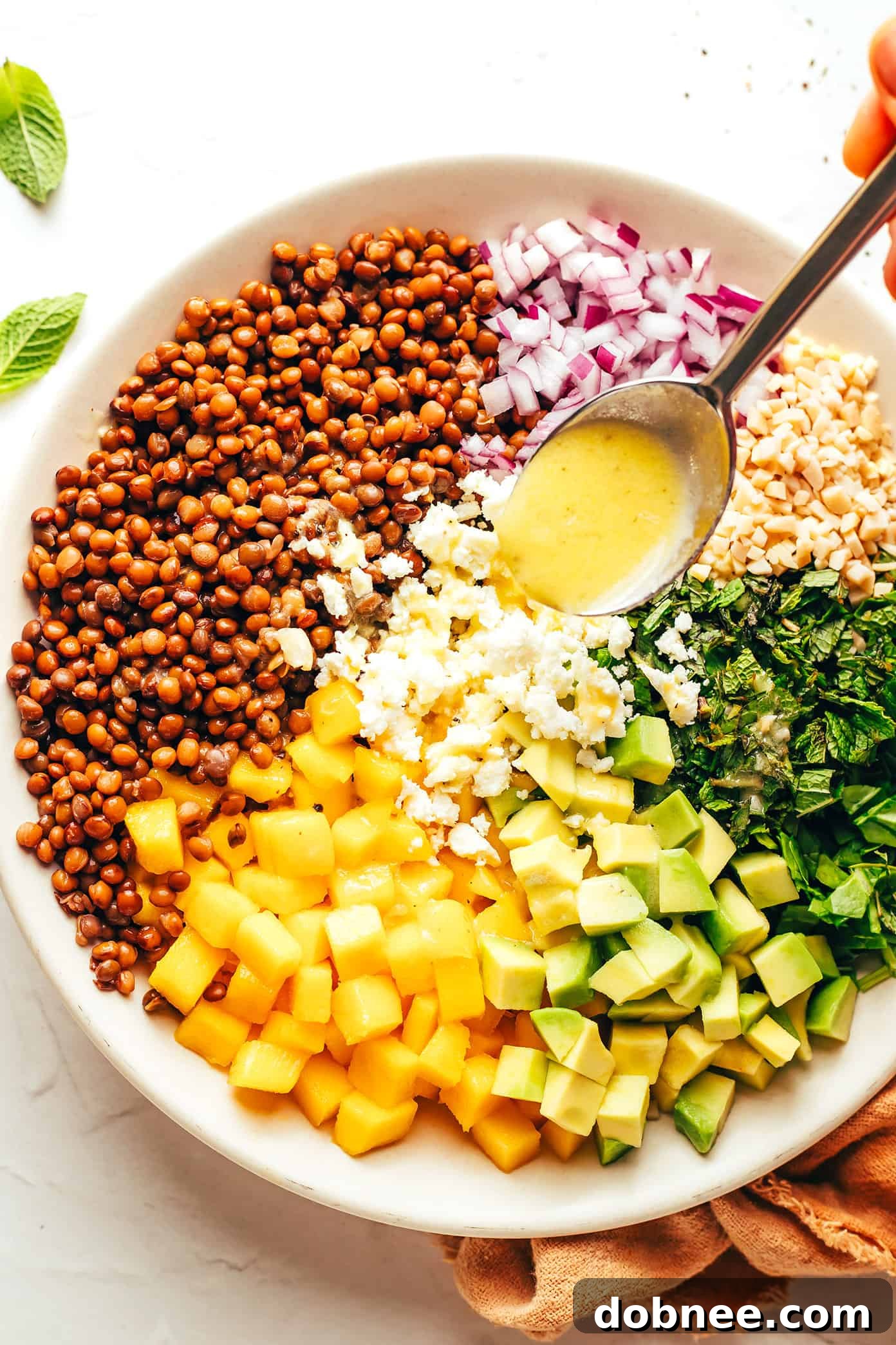 A large bowl of Mango Lentil Salad garnished with fresh mint, ready to be served.